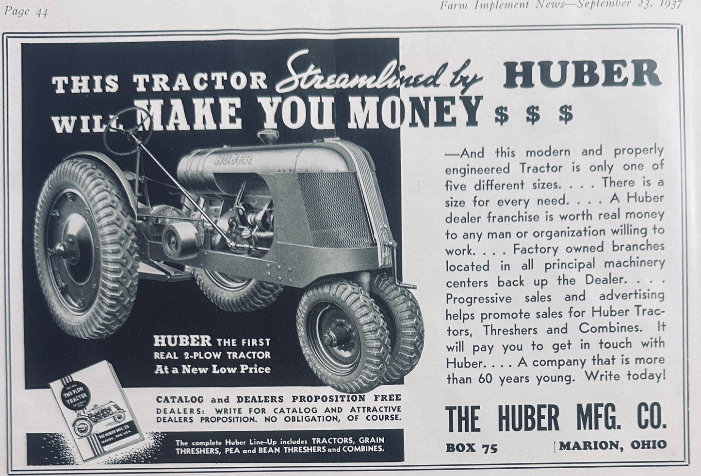 1937 Huber 2-Plow Tractor Mation, OH Vintage Ad N522