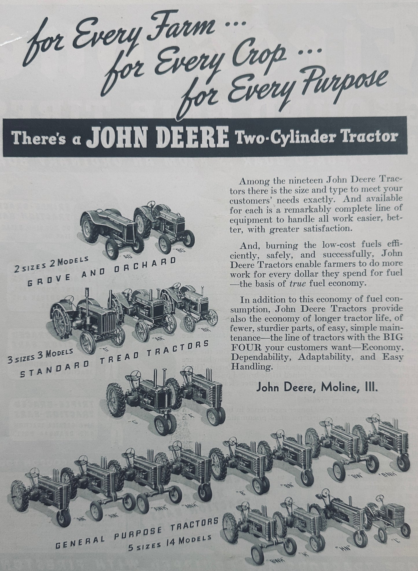 1940 John Deere Tractor Line 19 models shown in one ad!!!