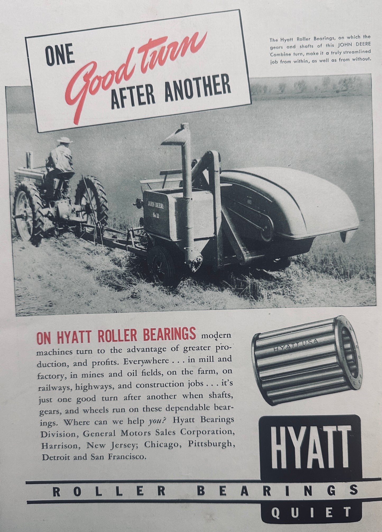1940 John Deere Combine #11 Uses Hyatt Roller Bearings Ad N540