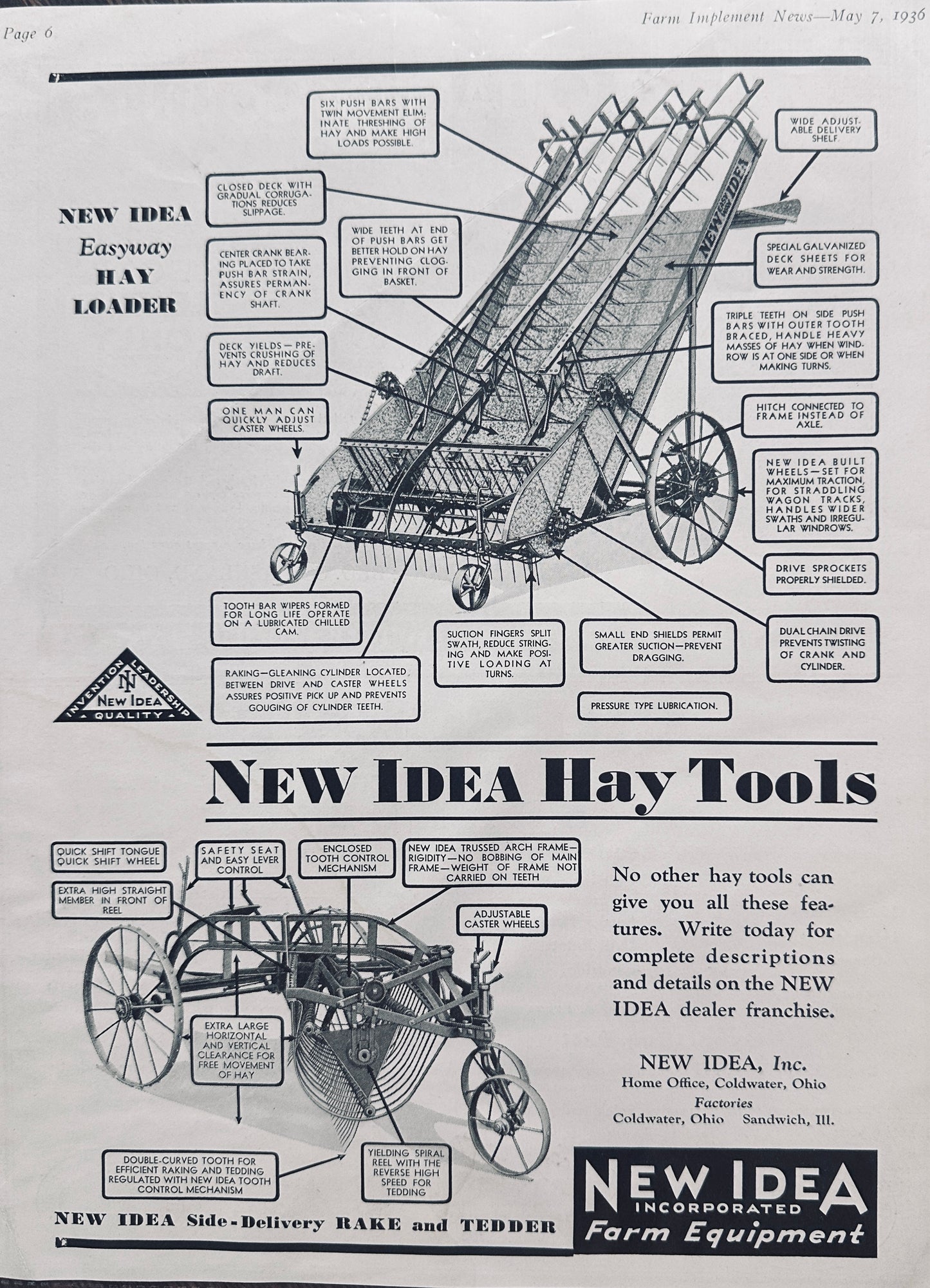 1936 New Idea Hay Tools Coldwater Ohio & Sandwich Illinois Vintage Ad N715