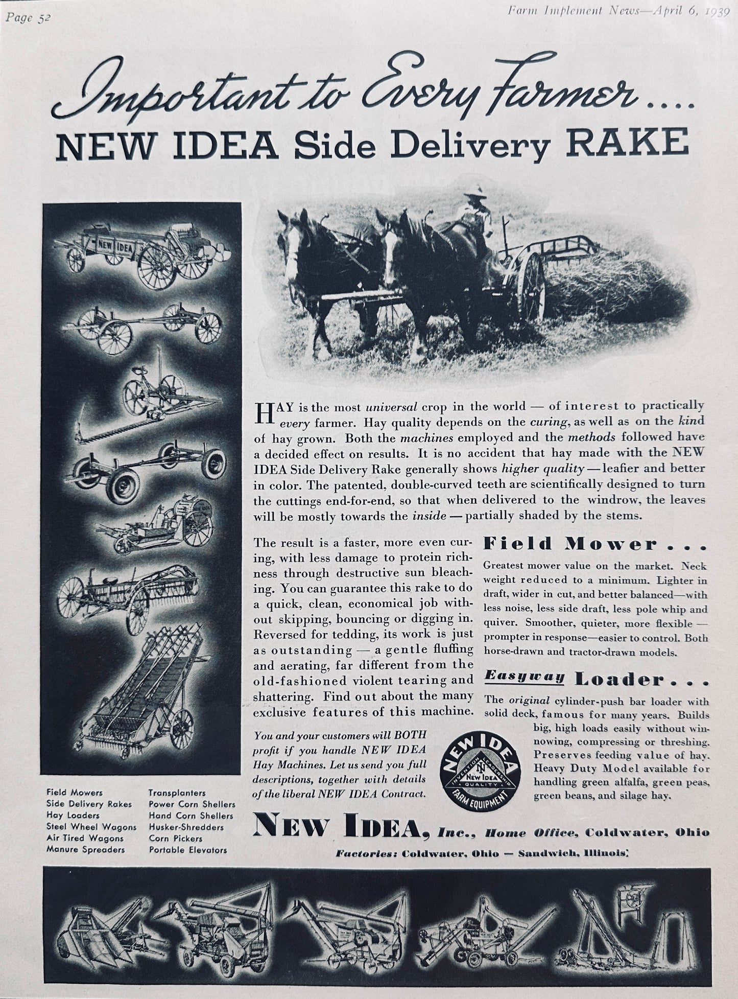 1939 New Idea Side Delivery Rake - Important to Every Farmer Vintage Ad N710