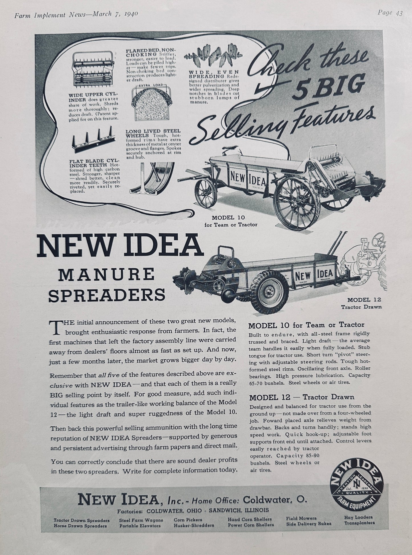 1940 New Idea Manure Spreaders 5 Big Selling Features Vintage Ad #5042