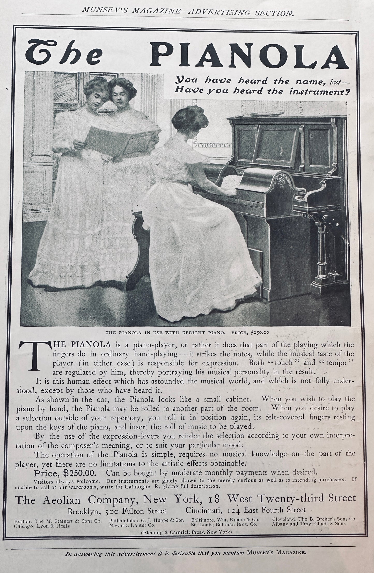 1901 Pianola Piano-Player Original Vintage Ad