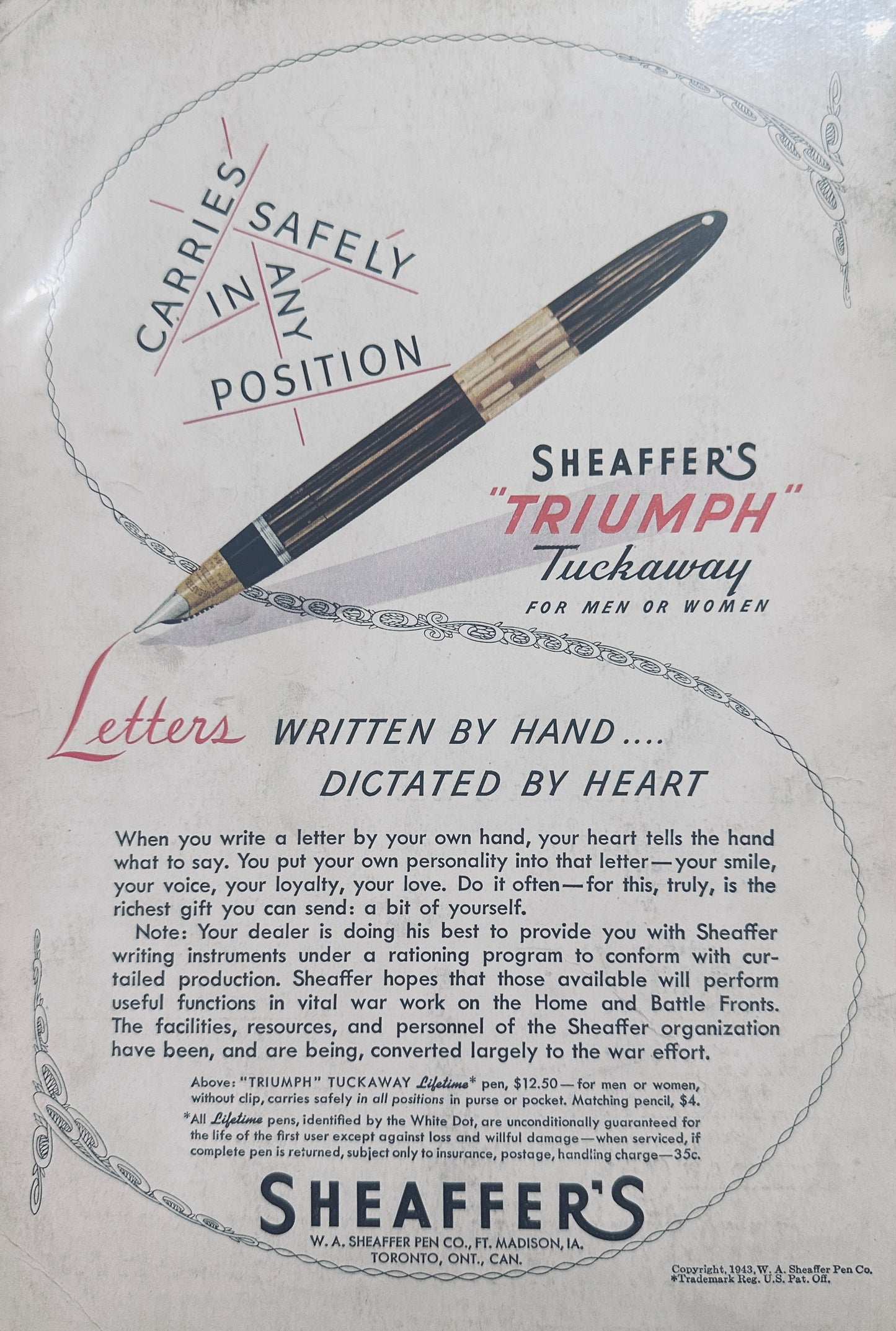 1943 Sheaffer's Triumph Tuckaway Carrier Safely in Any Position Vintage Ad N841