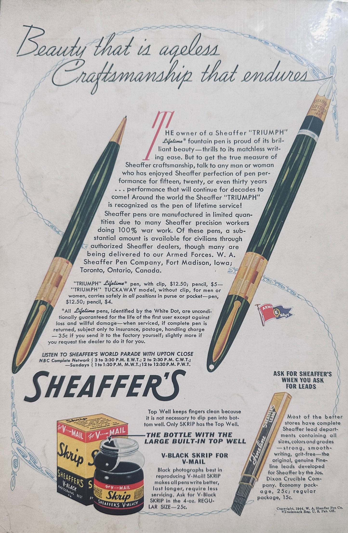 1944 WWII Era Sheaffer's Triumph Tuckaway Fountain Pen & Pencil Set N842