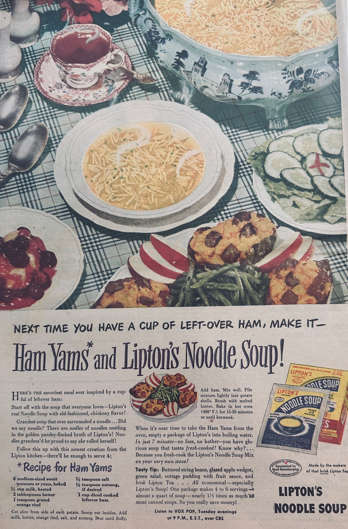 1947 #685 Lipton's Noodle Soup and Ham Yams! Masterpiece Ad of Yesteryear