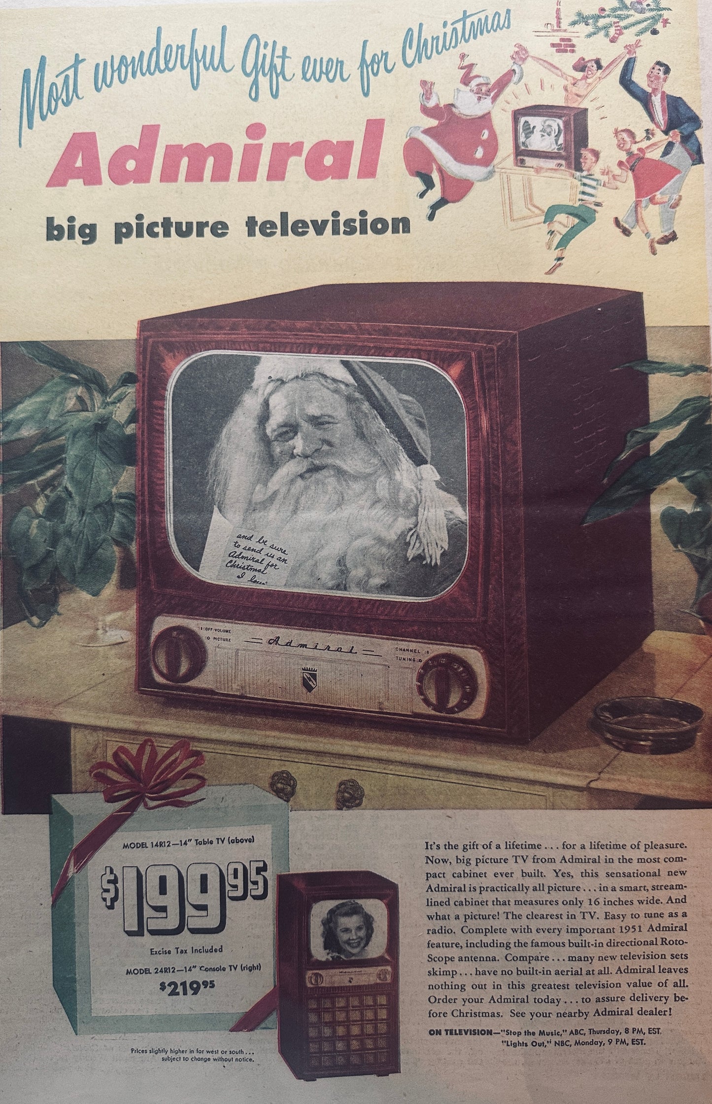 1950 Masterpiece Ad of Yesteryear - Admiral TV Model 24R12 - 14" #709