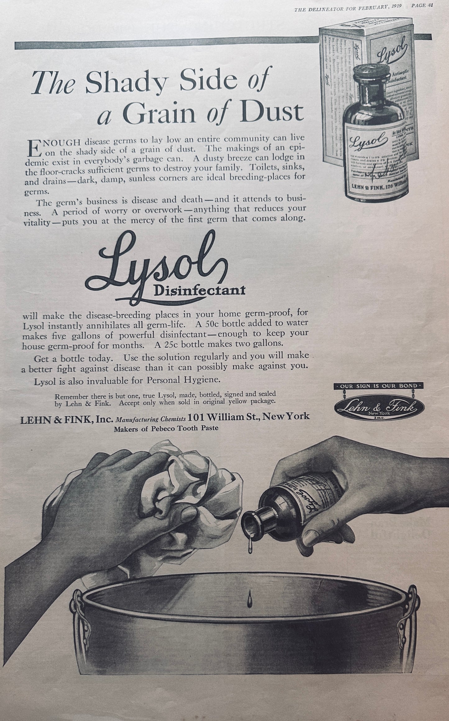 1919 Lysol Antiseptic & Disinfectant -Shady Side of Dust- Ad #157