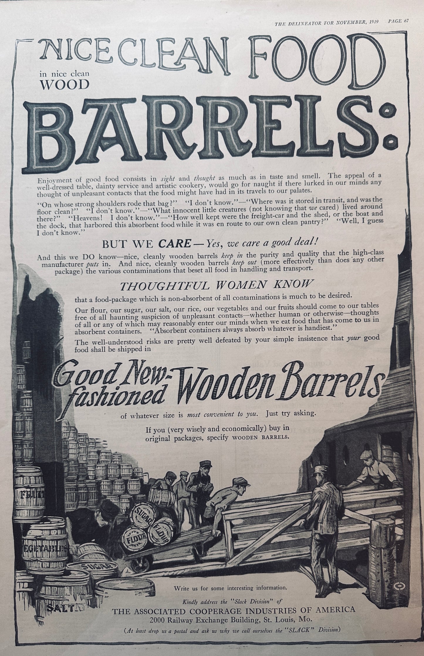 1919 Masterpiece Ad of Yesteryear #735 Wooden Barrels for Food Storage