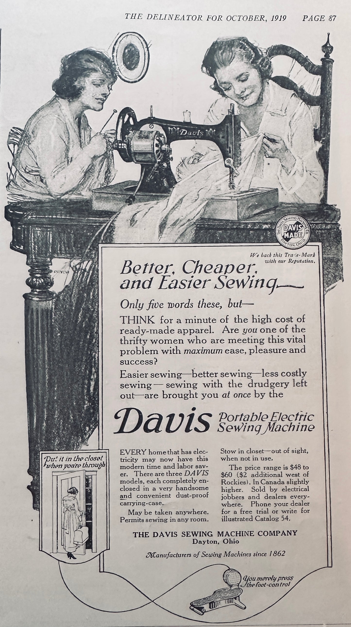 1919 Lot of (2) Davis Treadle Sewing Machine Ads N832