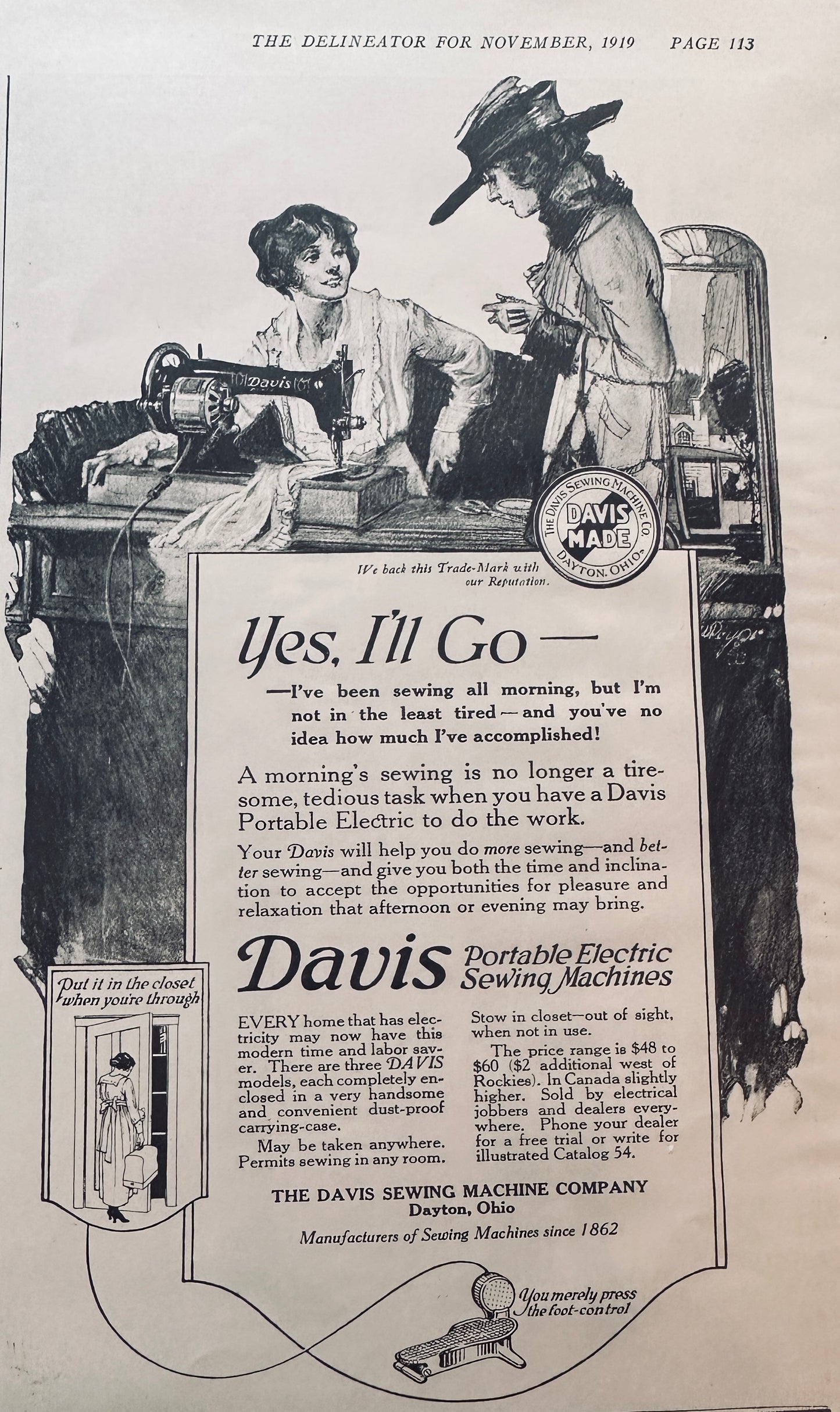 1919 Lot of (2) Davis Treadle Sewing Machine Ads N832