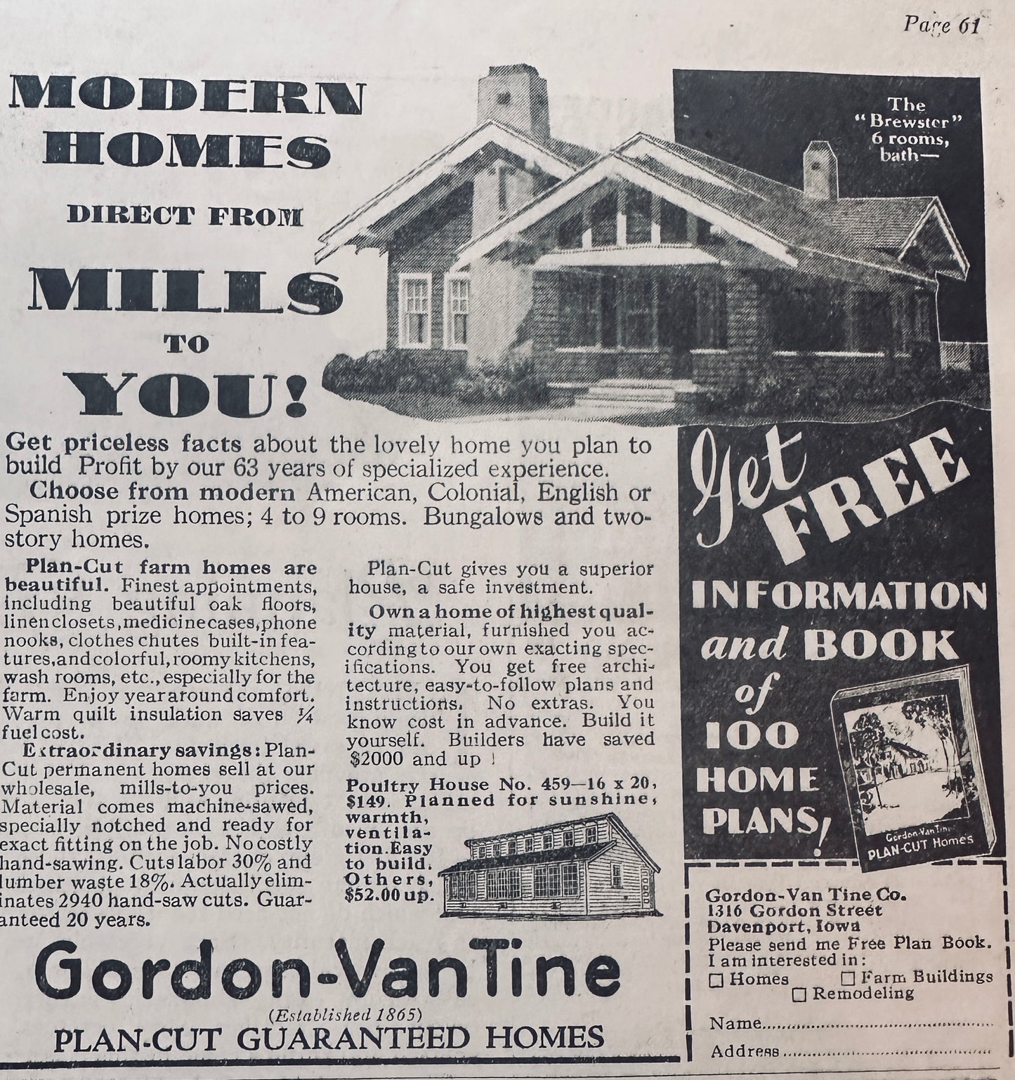 1928-1929 Lot of (2) Gordon Van Tine Vintage Home Ads - Davenport, Iowa