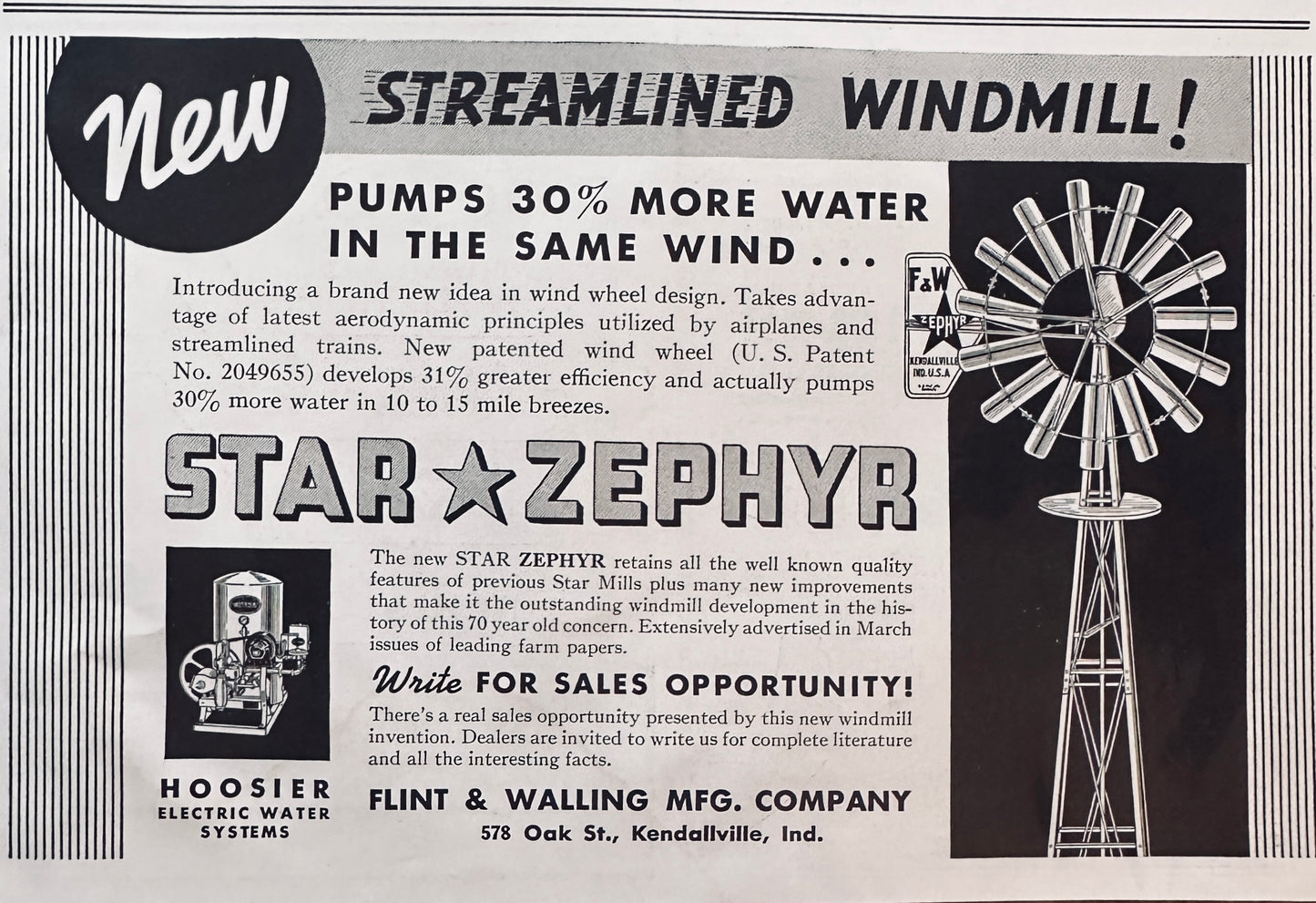 1937 Star * Zephyr Windmill Vintage Ads Kendallville, IN