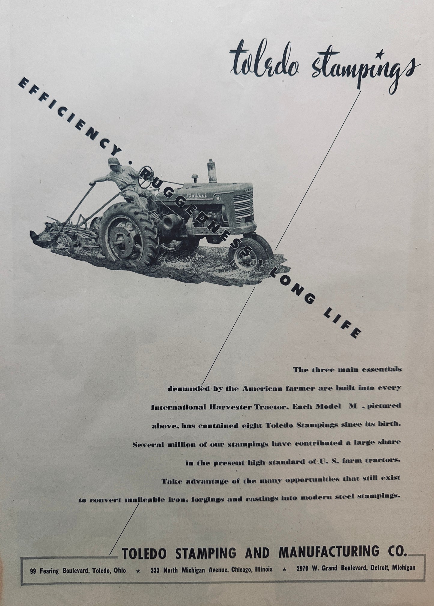 1944 Toledo Stampings on International Harvester Farmall Tractor WWII Era Ad N486