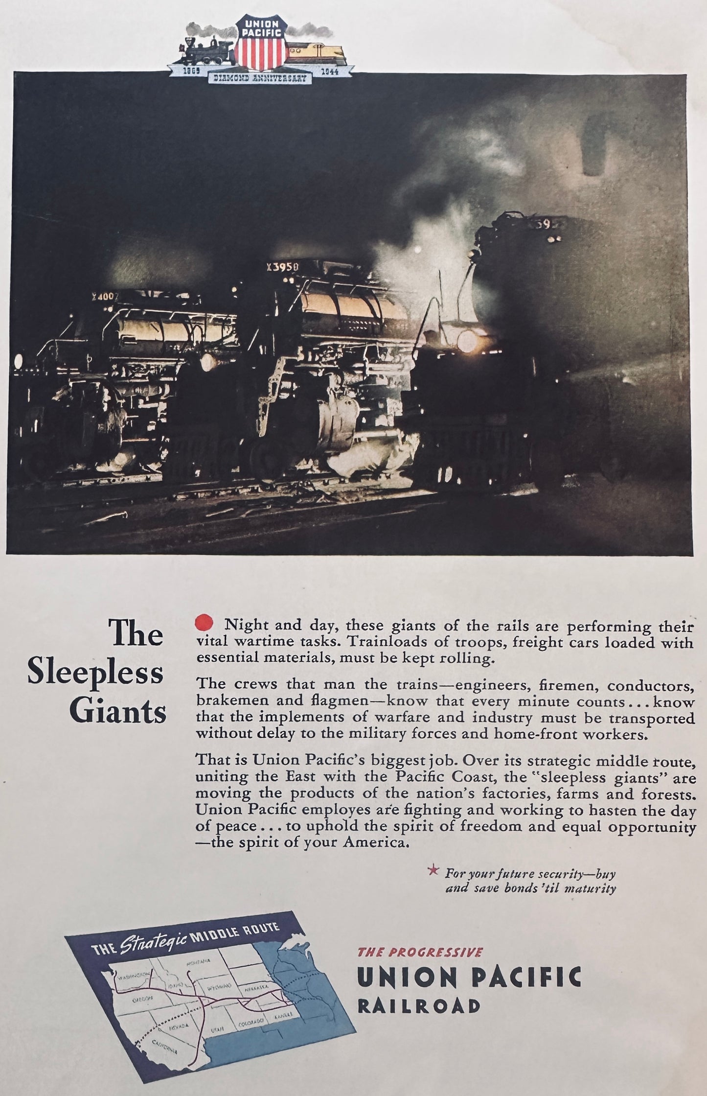 1944 Lot of (4) WWII Era Union Pacific Train Ads Featuring Engines N909