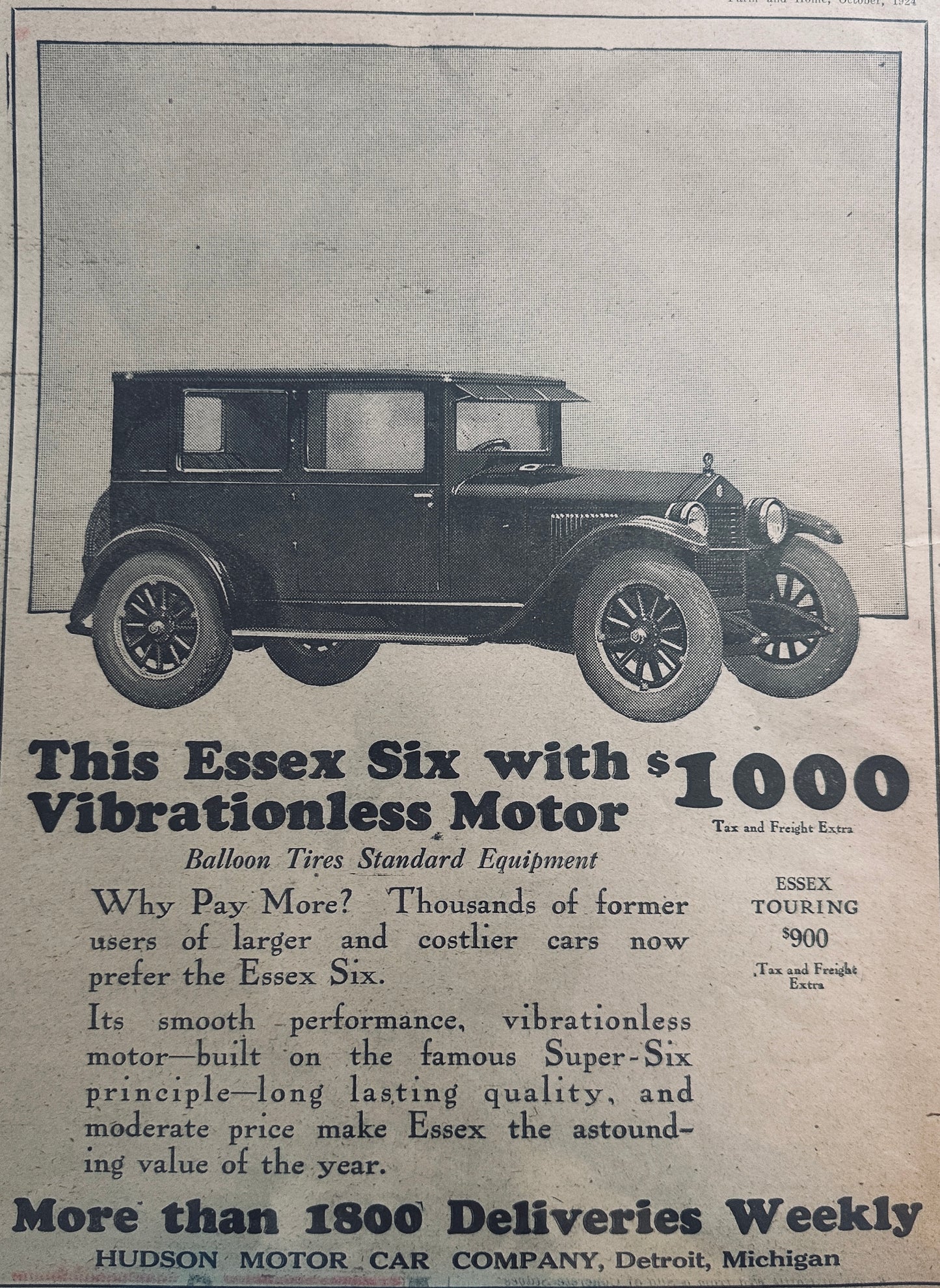 1924 Essex Six With Vibrationless Motor Vintage Ad #753