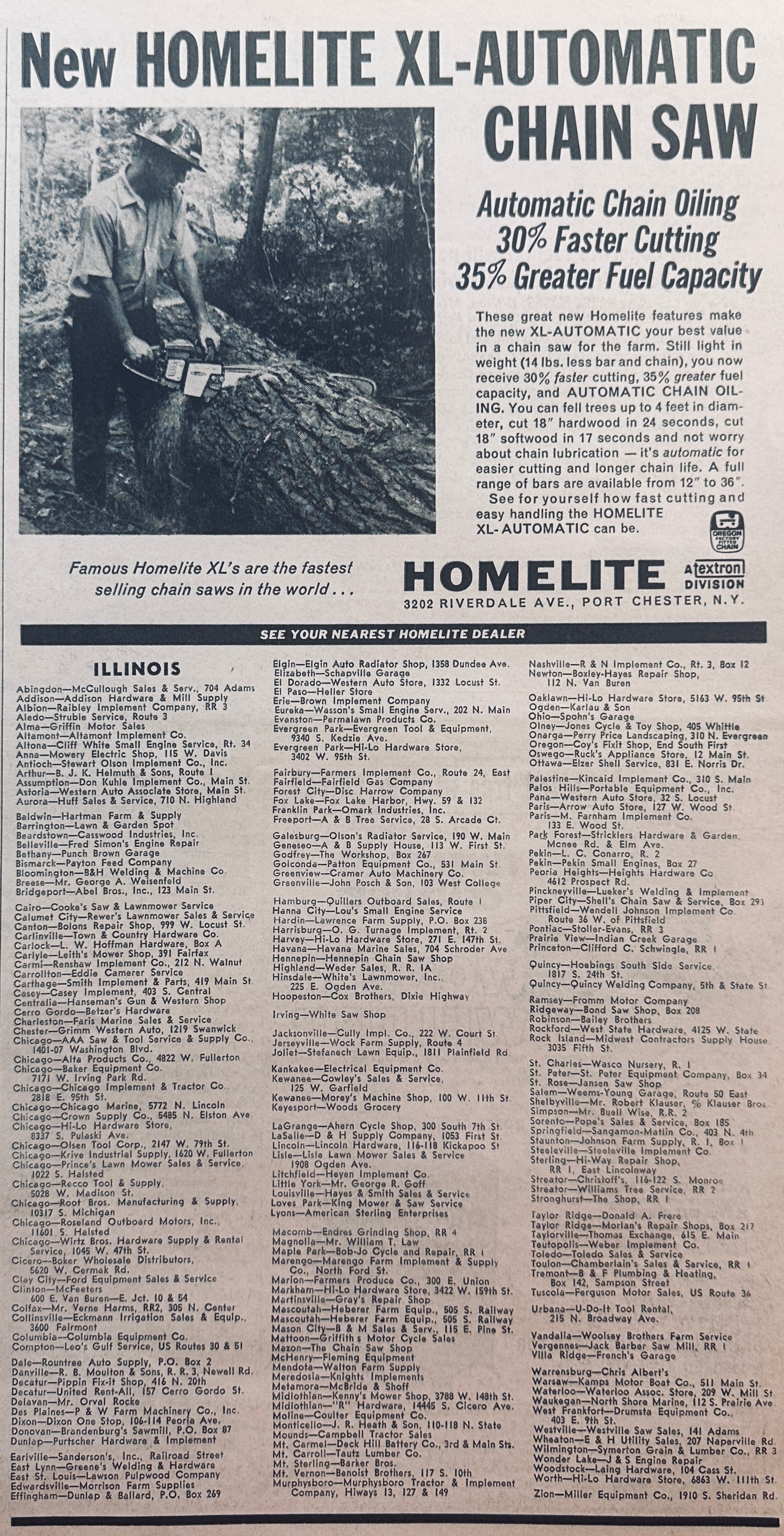 1965 Homelite Chainsaw XL-Automatic with List of IL Dealers #780