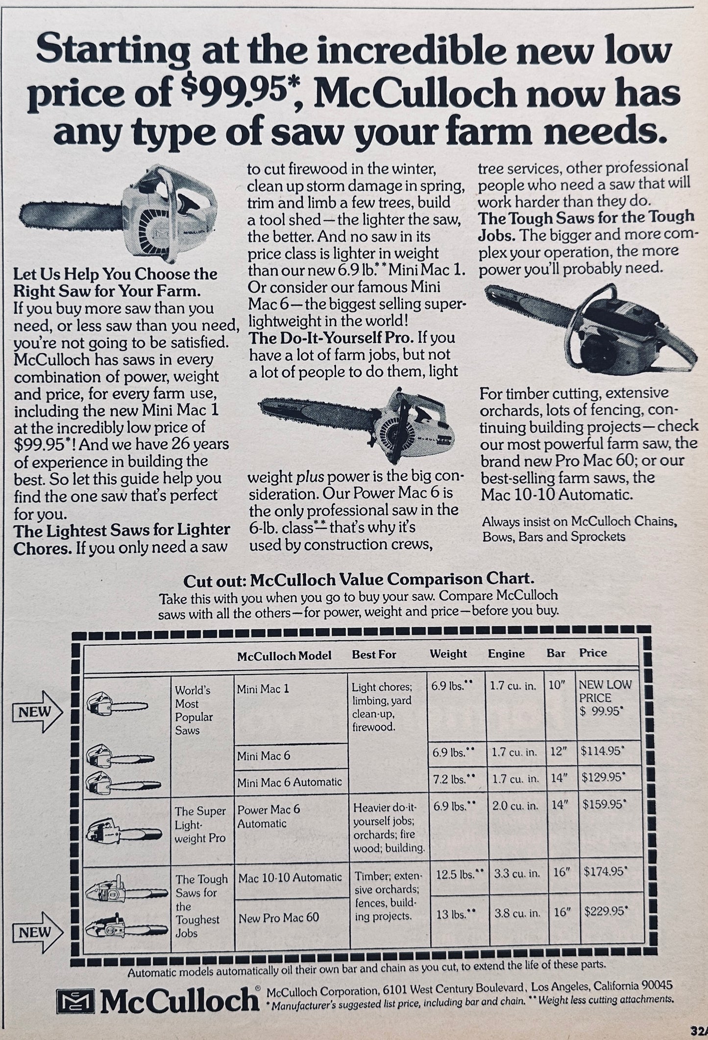 1972 McCulloch Chain Saws Now has Any Type Saw Your Farm Needs #119-1