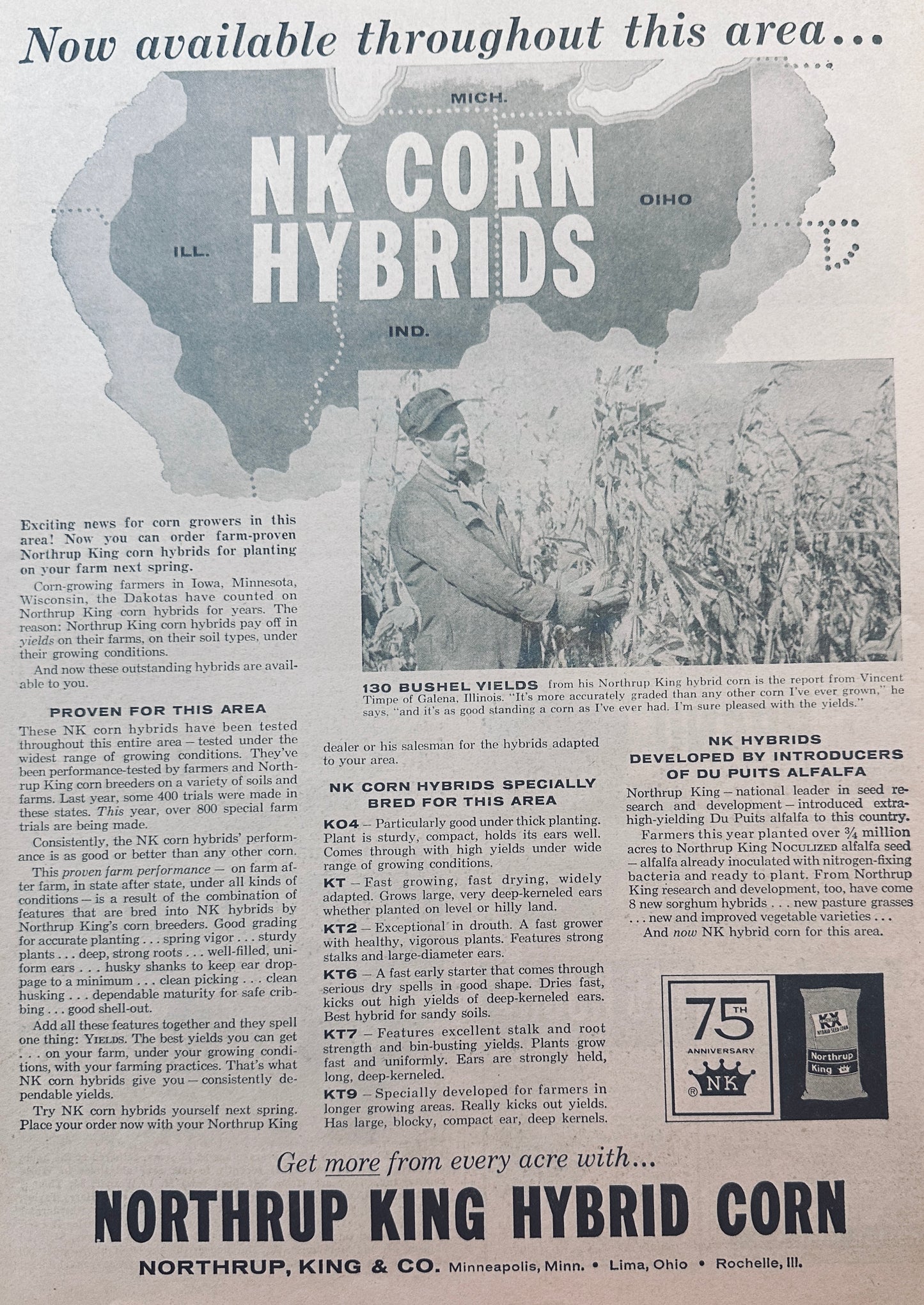 1959 Lot of (2) Northrup King Seed Ads - Hybrid Corn & Alfalfa #817