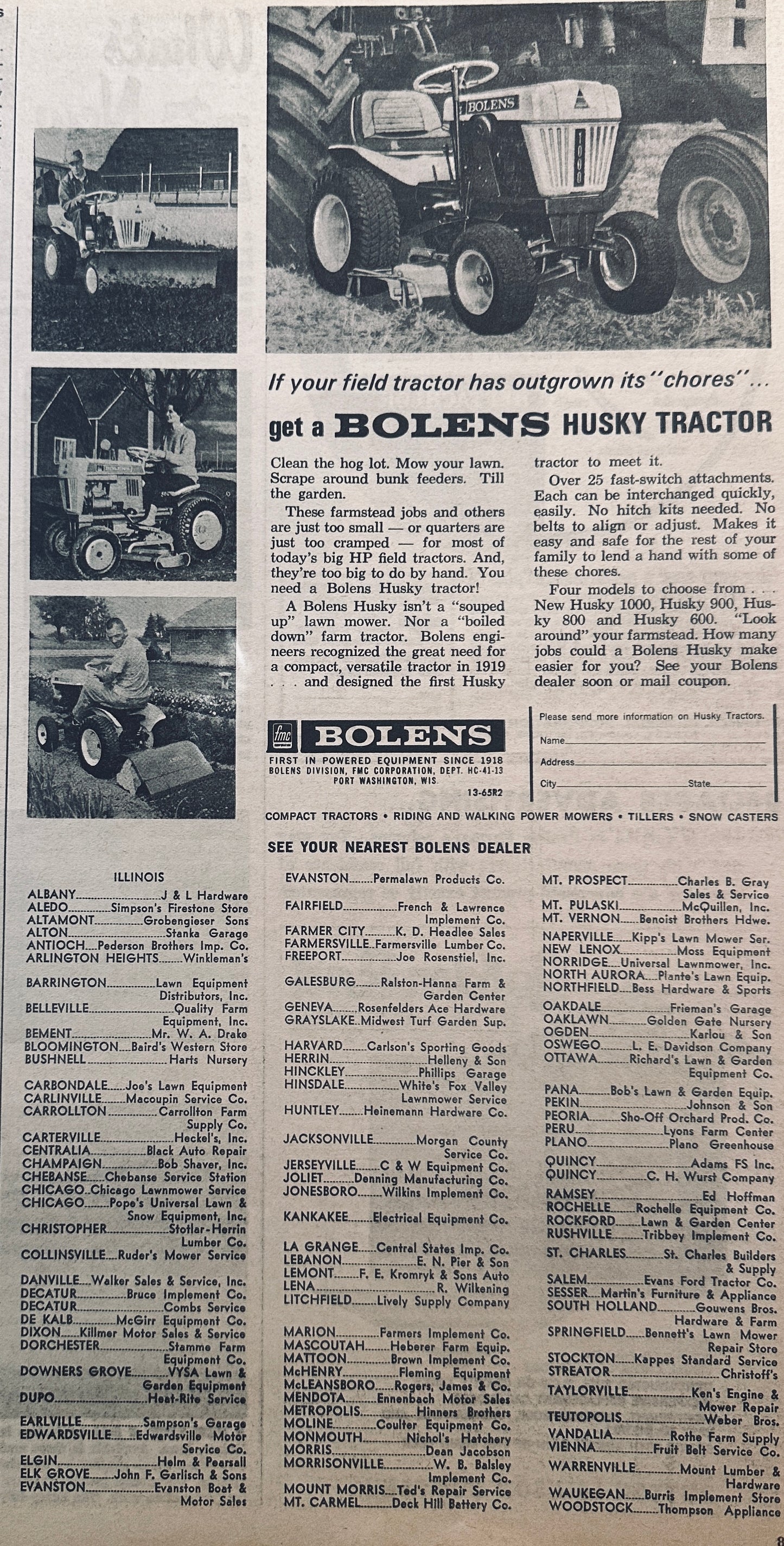 1965 Bolens Husky Tractor Vintage Ad #885 Port Washington, WI
