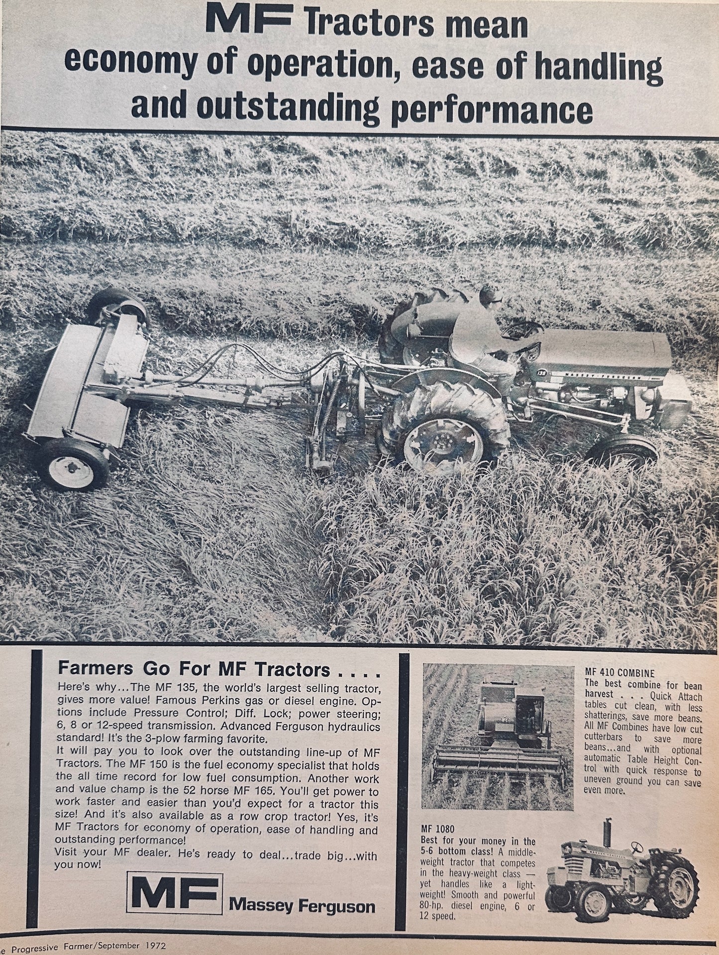 1972 Massey-Ferguson Mean...Vintage Ad #923 - MF410 Combine MF1080 Tractor