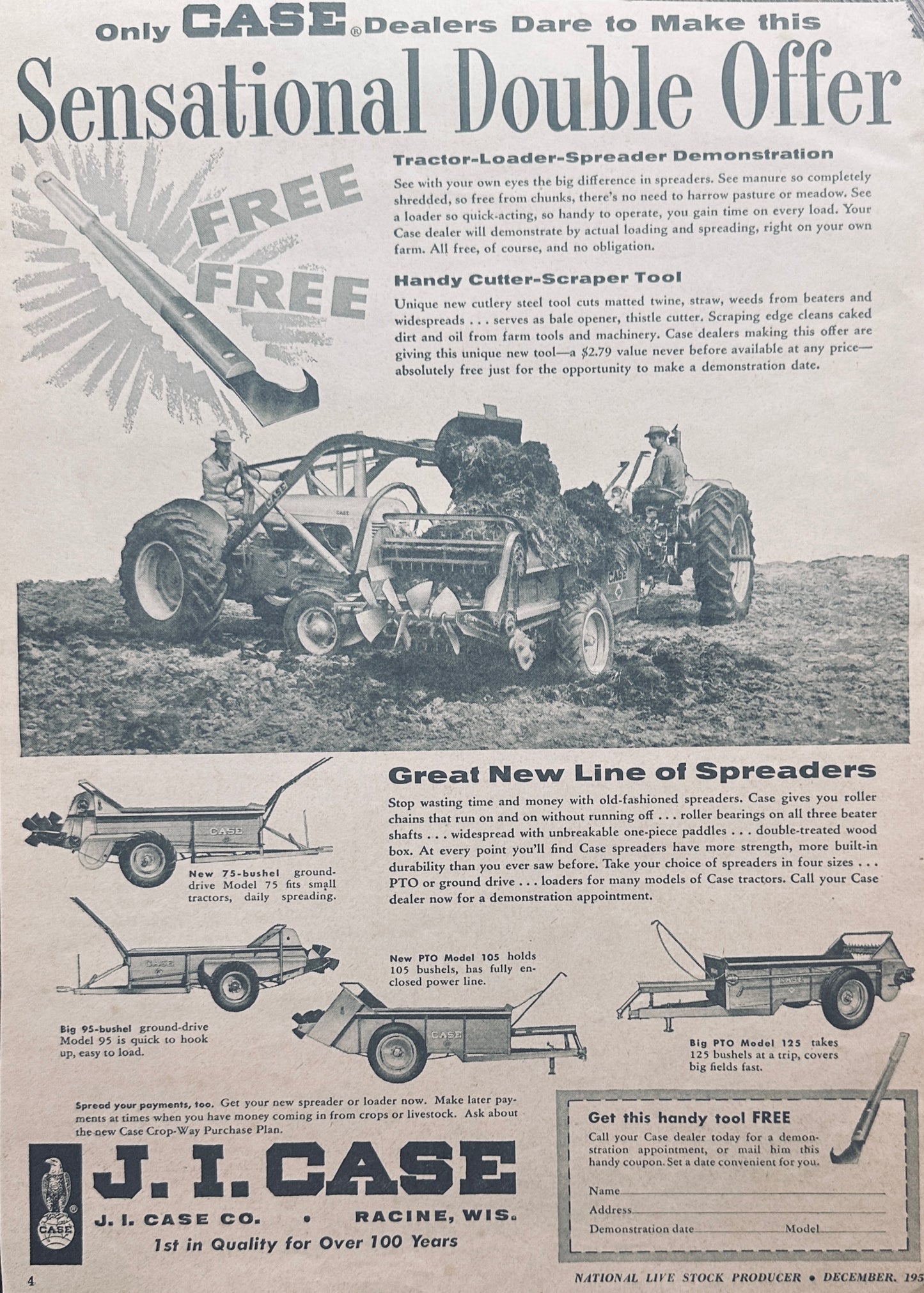 1957 Case New Line of Spreaders Comes With Handy Cutter-Scraper #1001