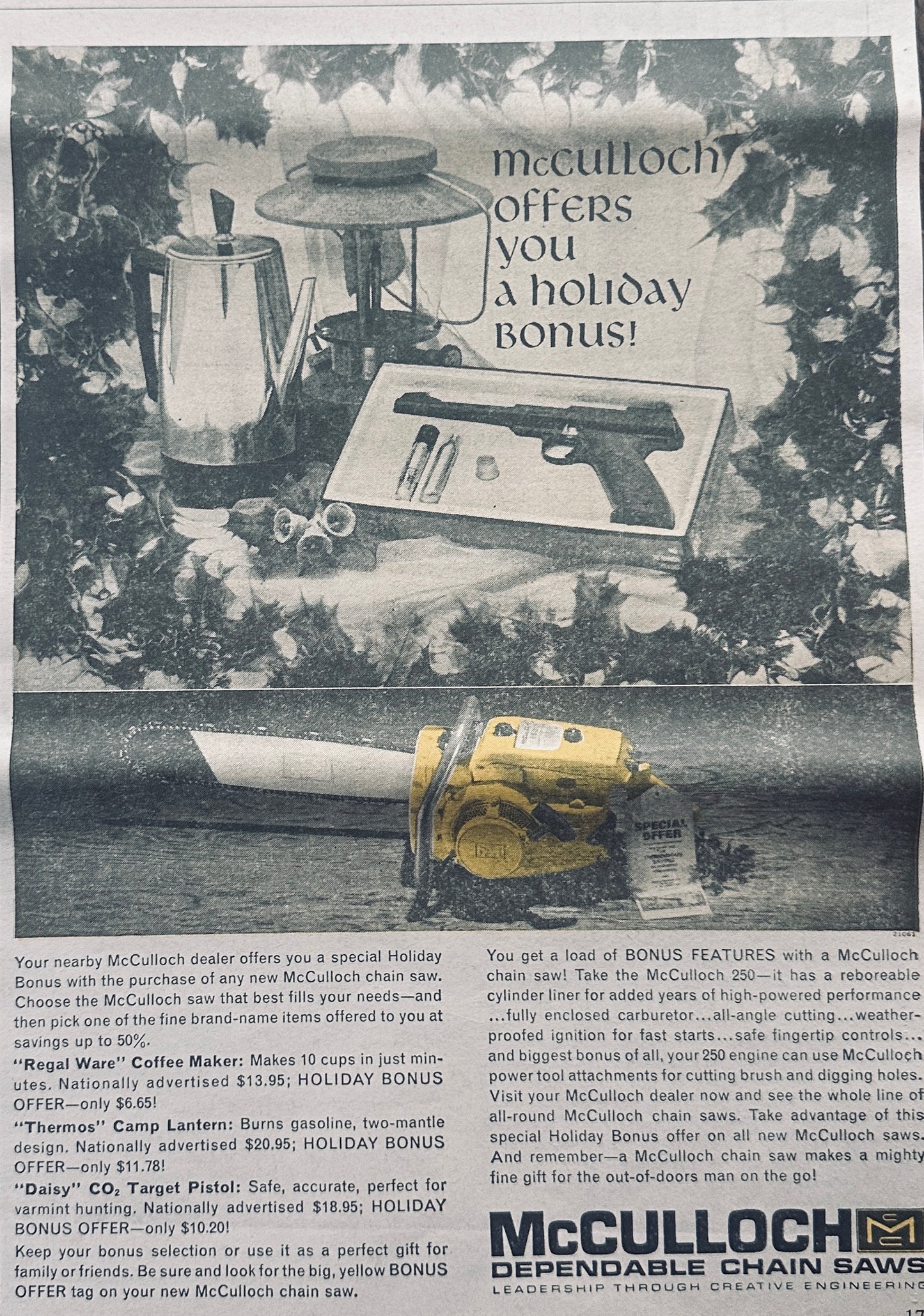 1964 McCulloch 250 Dependable Chain Saw Vintage Ad #1025