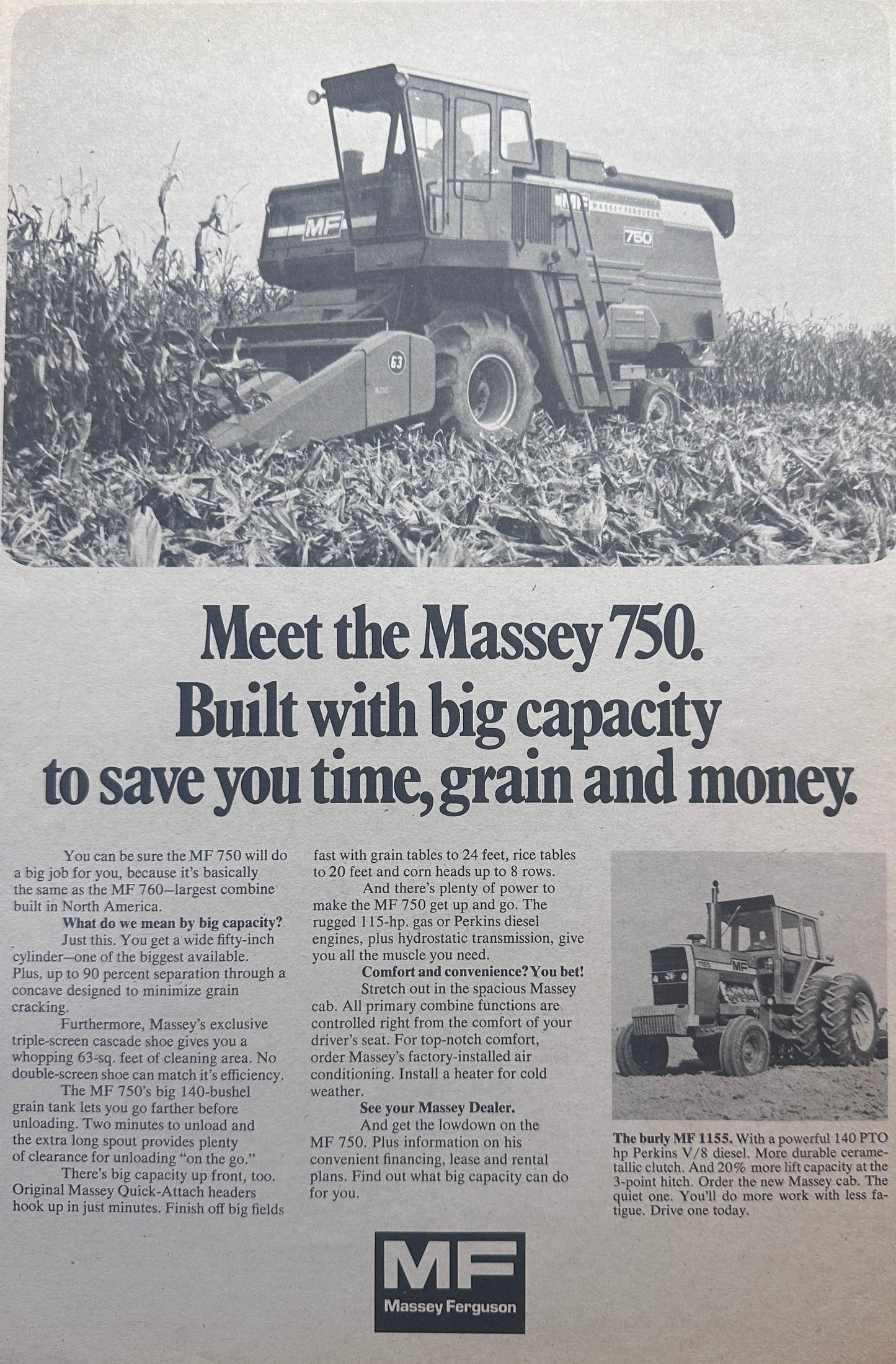1973 Massey 750 Big 140 Bushel Grain Tank Combine Vintage Ad #1113