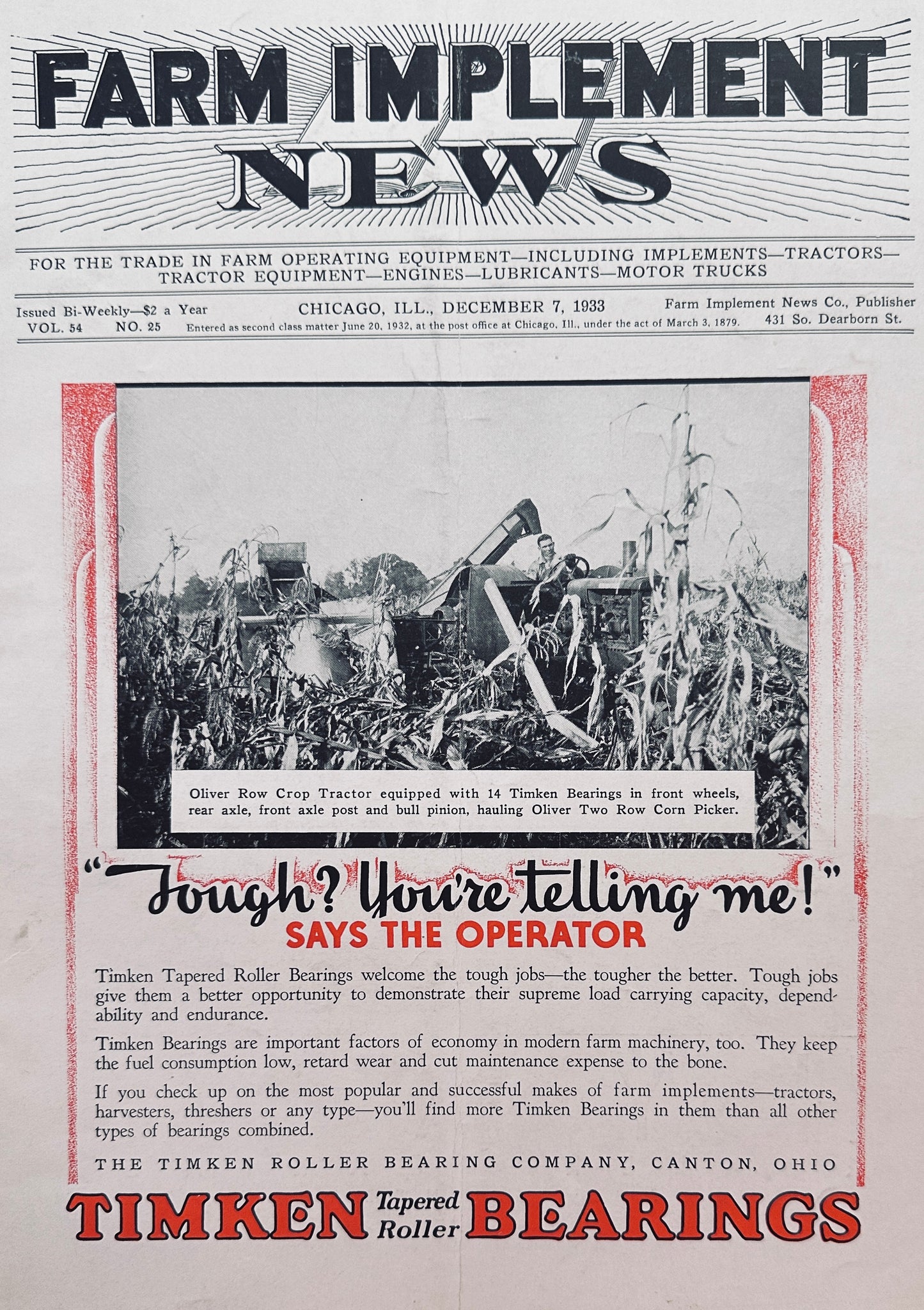 1933 Farm Implement News Cover Oliver Row Crop Tractor Ad #1129