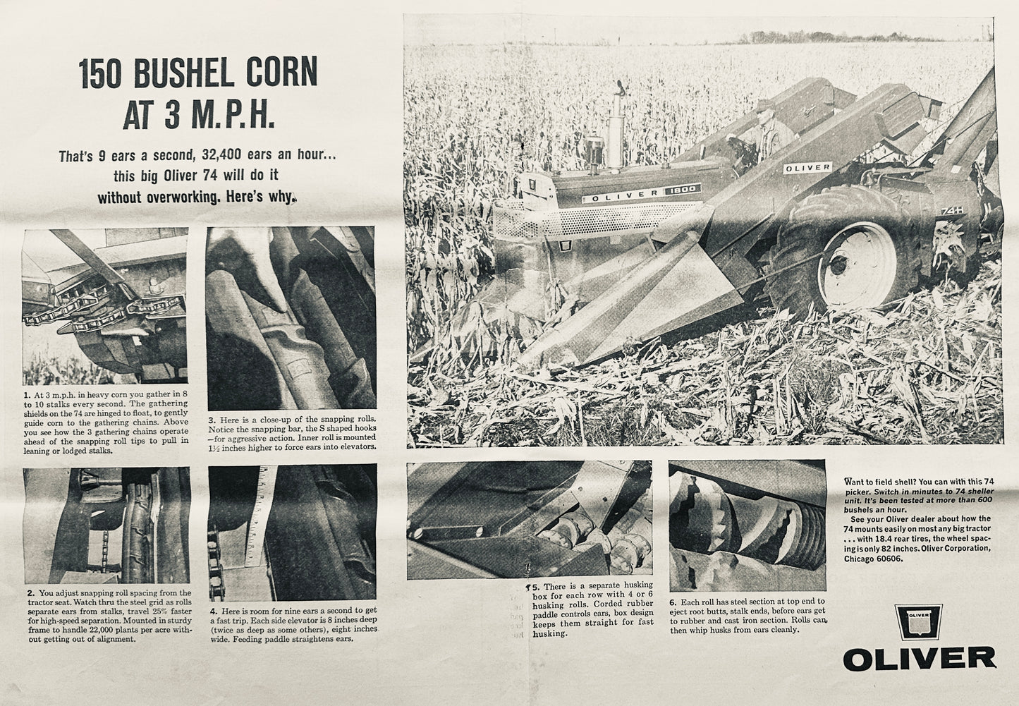 1964 150 Bushel Corn at 3mph w/Oliver 74 picker-Sheller Centerfold Ad #1131