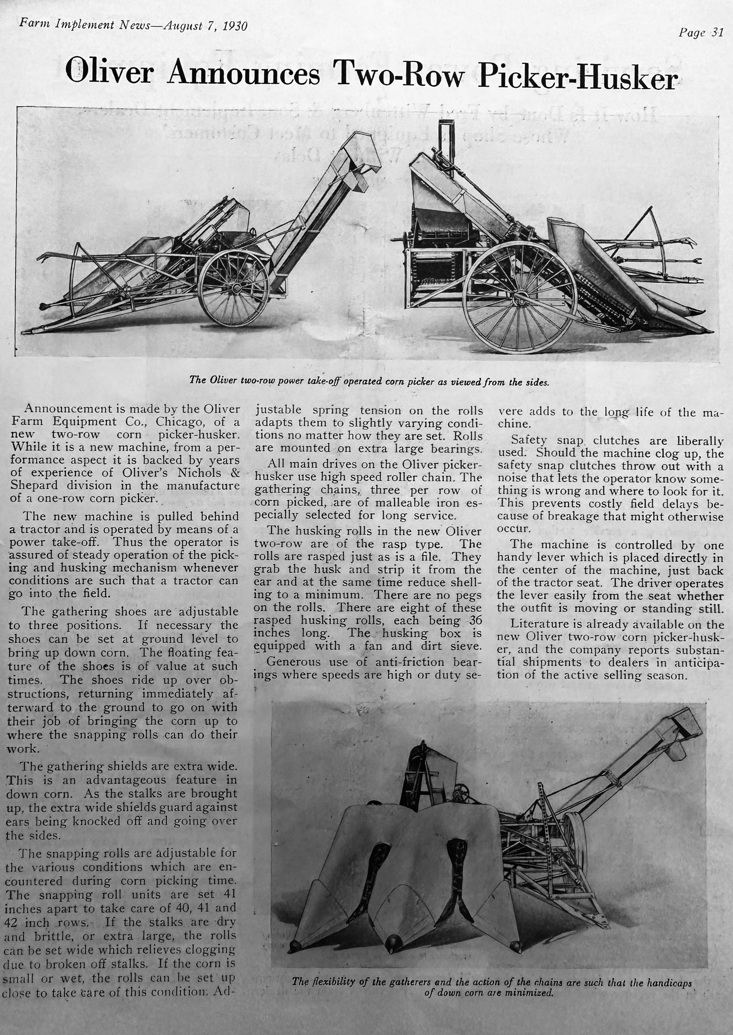 1930 & 1931 Magazine Pictures of Oliver 2-Row Picker-Huskor & Orchard Tractor #1137