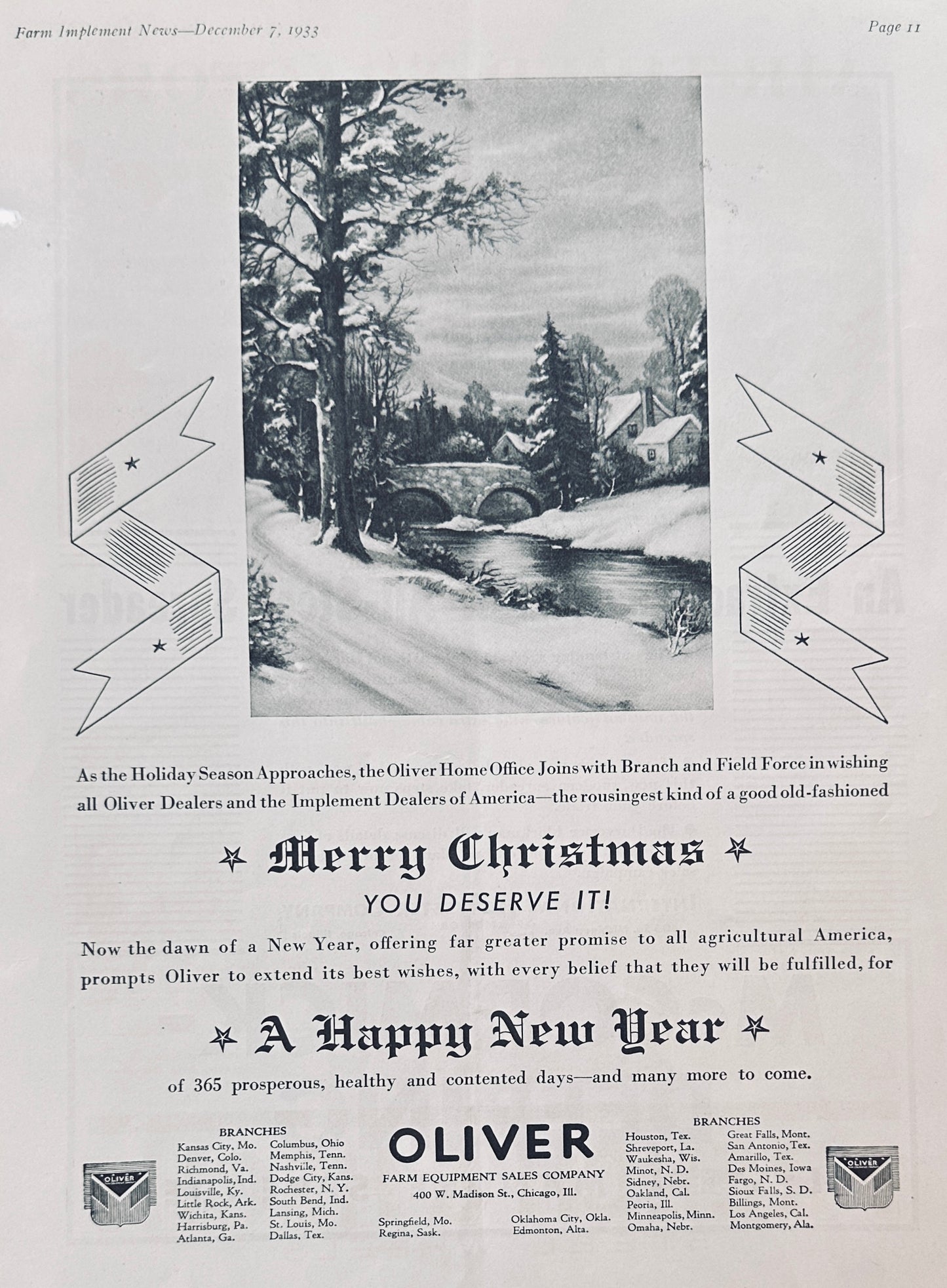 1933 McCormick-Deering All Steel Spreader & Oliver Christmas Wishes Ad #1179