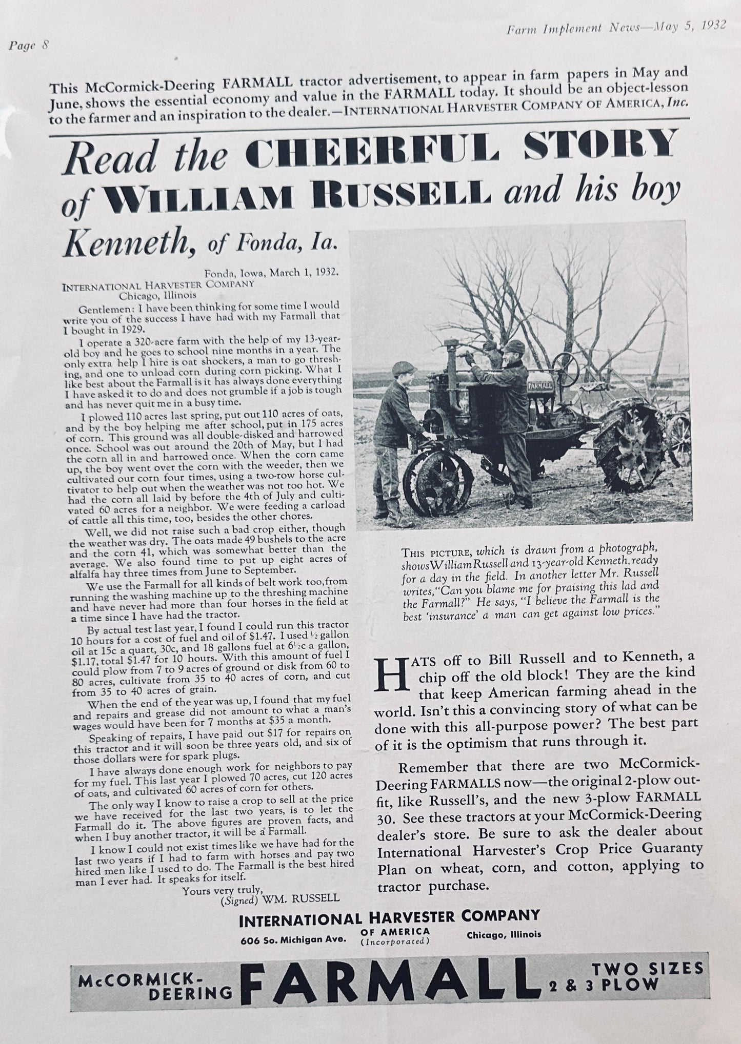 1932 International Harvester McCormick-Deering Farmall Story Of William Russell #1184
