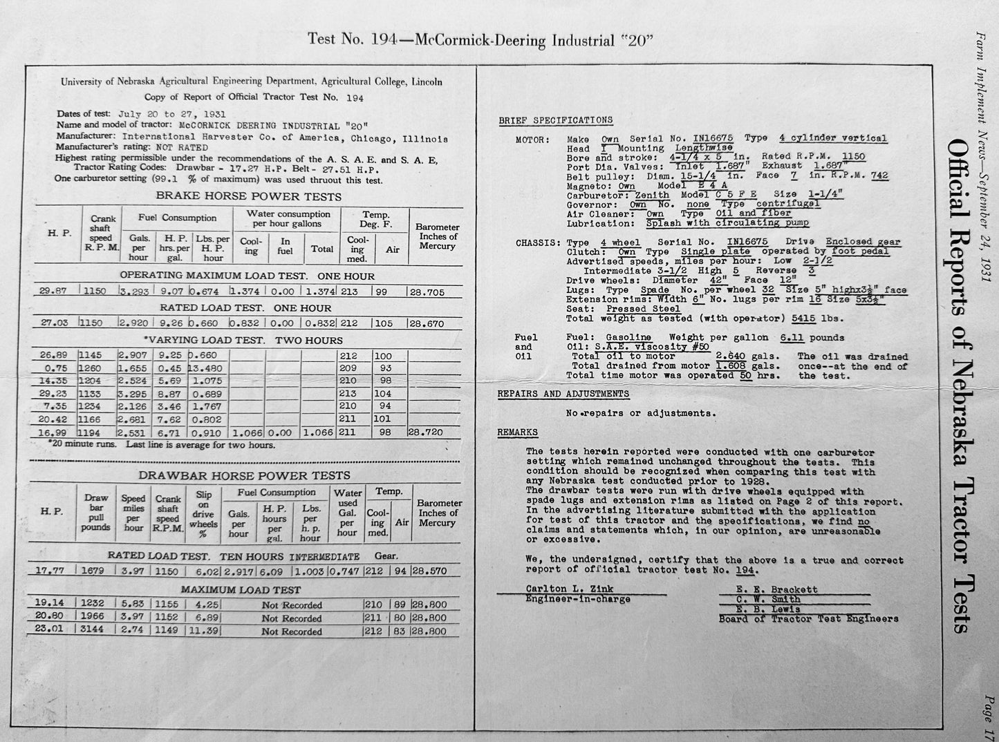 1931 Nebraska Tractor Test No. 194 McCormick-Deering Industrial "20" #1187