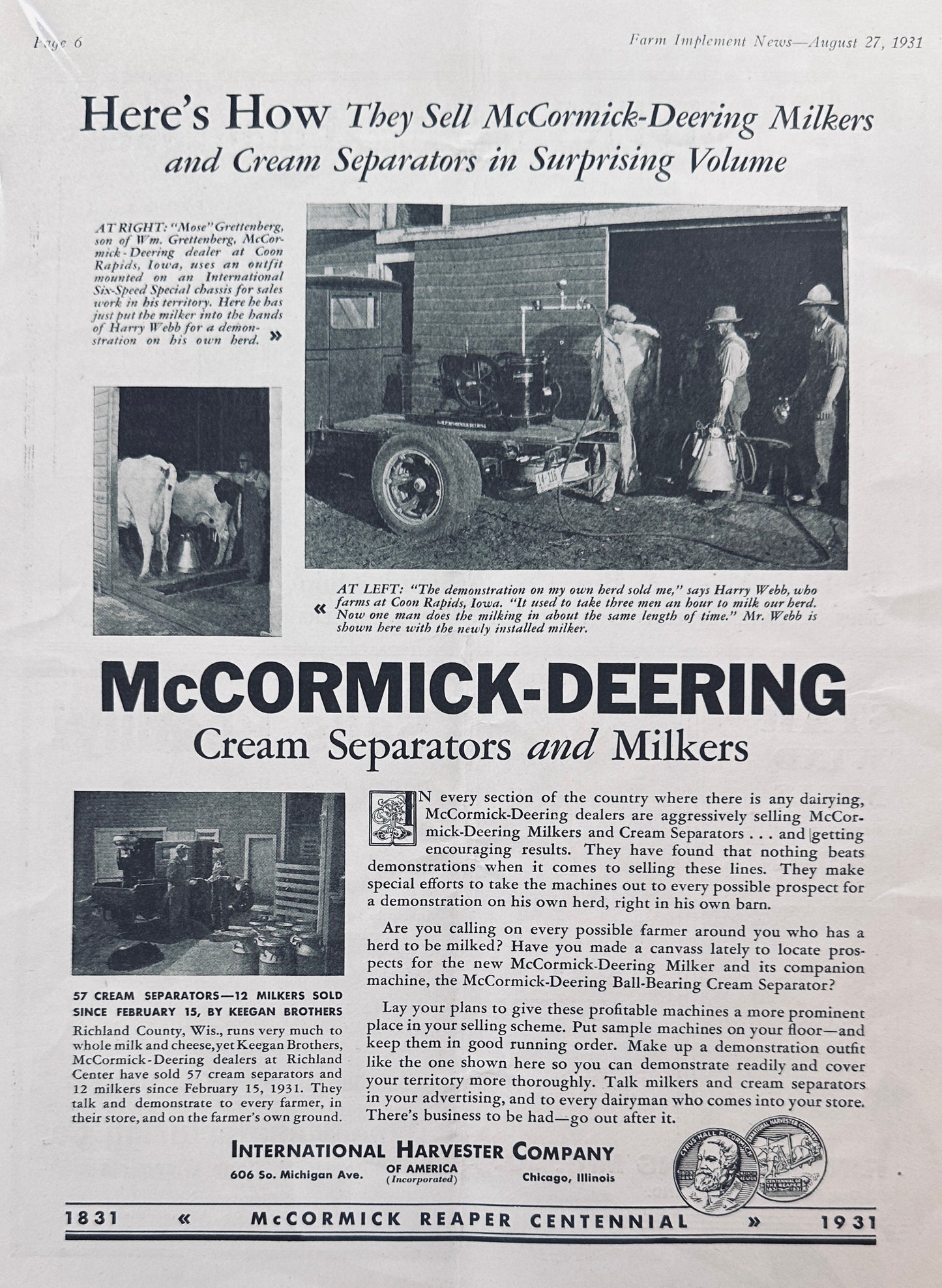 1931 McCormick-Deering Cream Separators & Milkers Ad #1189
