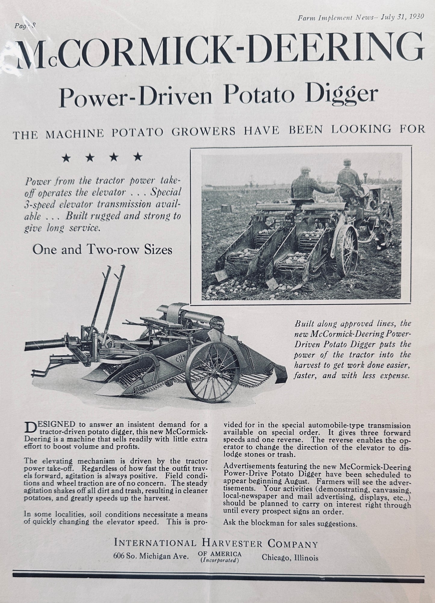 1930 McCormick-Deering Power-Driven Potato Digger Ad #1192
