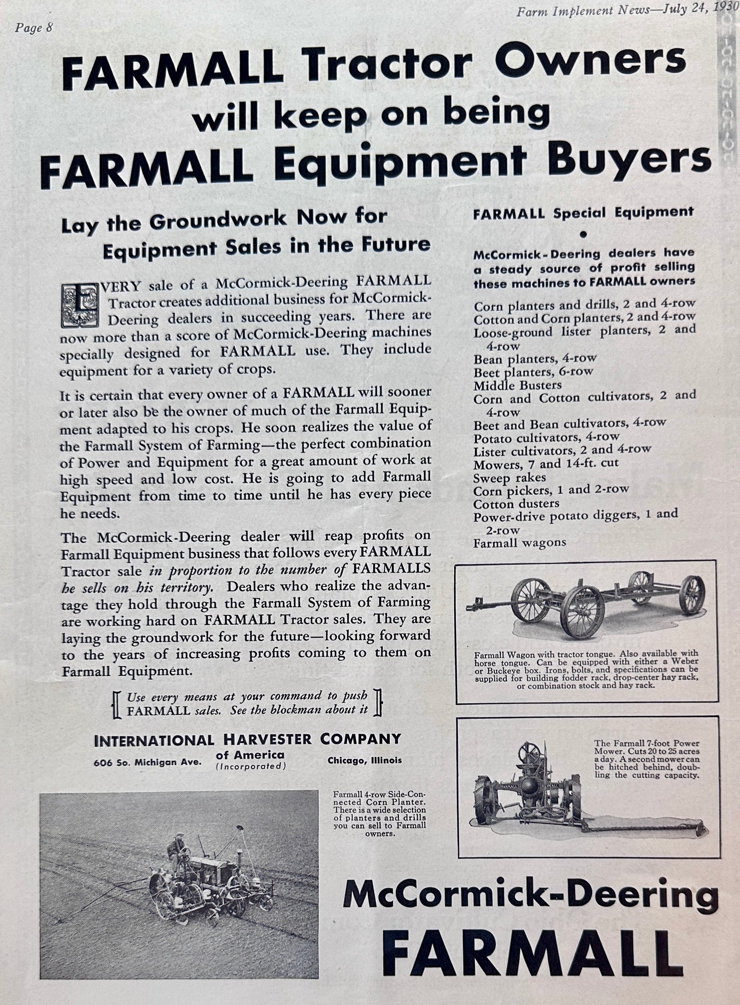 1930 Farmall Tractor Owners Will become Farmall Equipment Buyers #1193