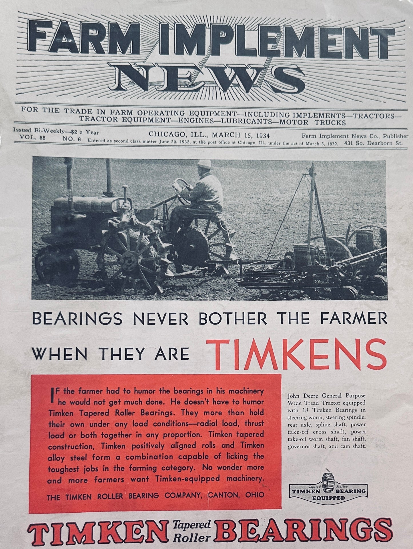 1934 John Deere General Purpose Wide Tread Tractor - Timken Bearings Ad #1207