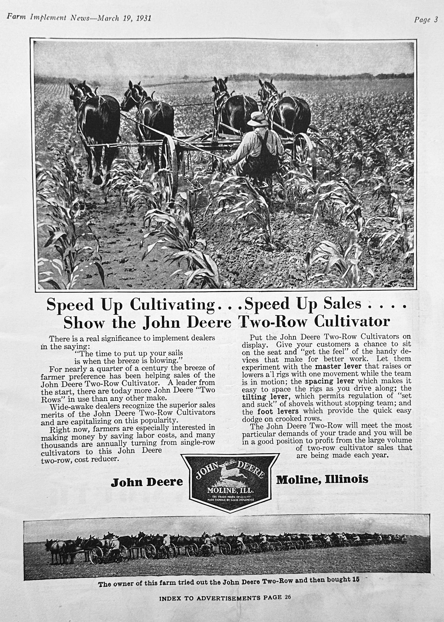 1931 John Deere Horse-Drawn Two-Row Cultivator - Farmer Buys 15! Ad #1215