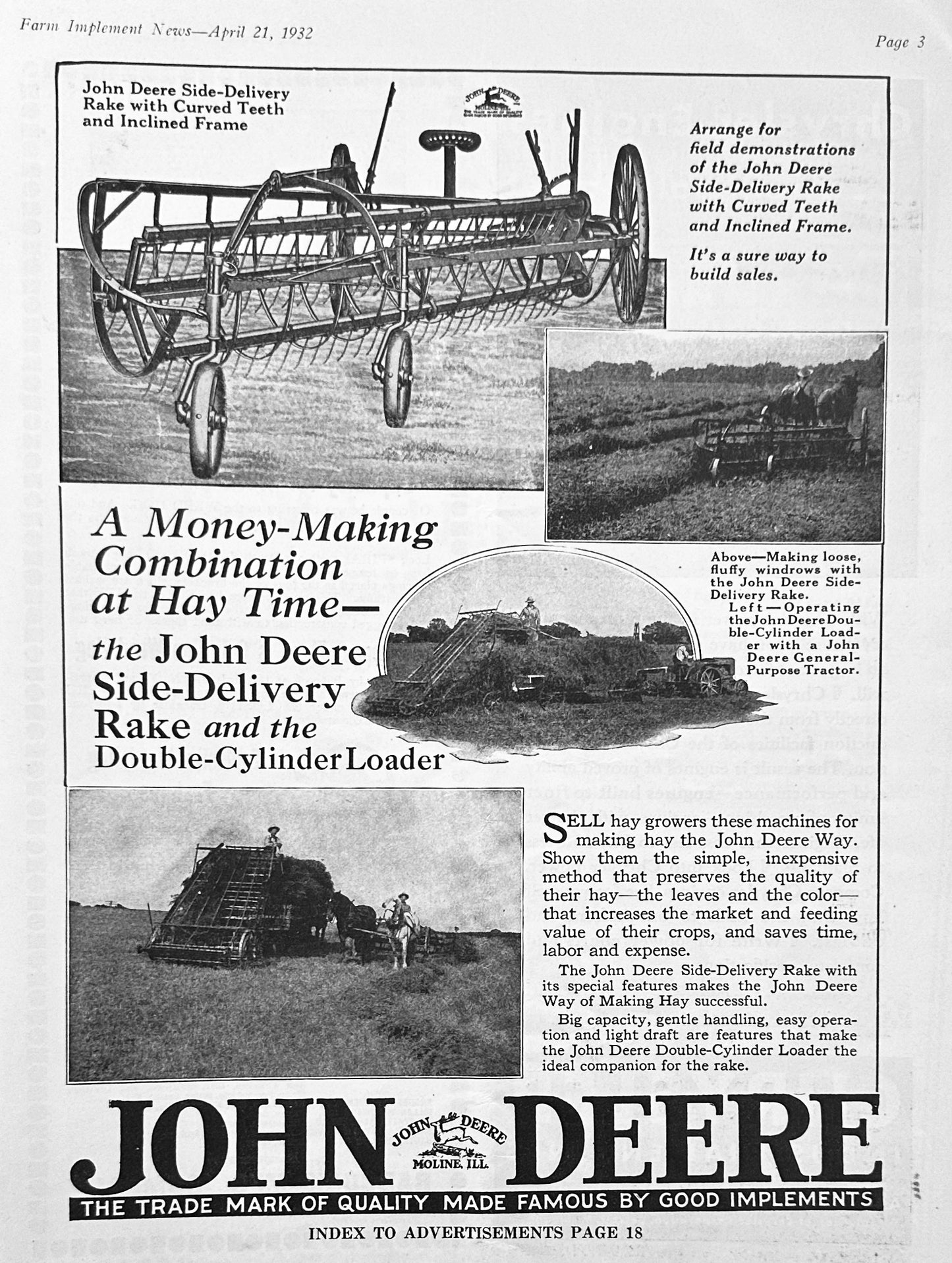 1932 John Deere Combo Side Delivery Rake & Double-Cylinder Loader AD #1219