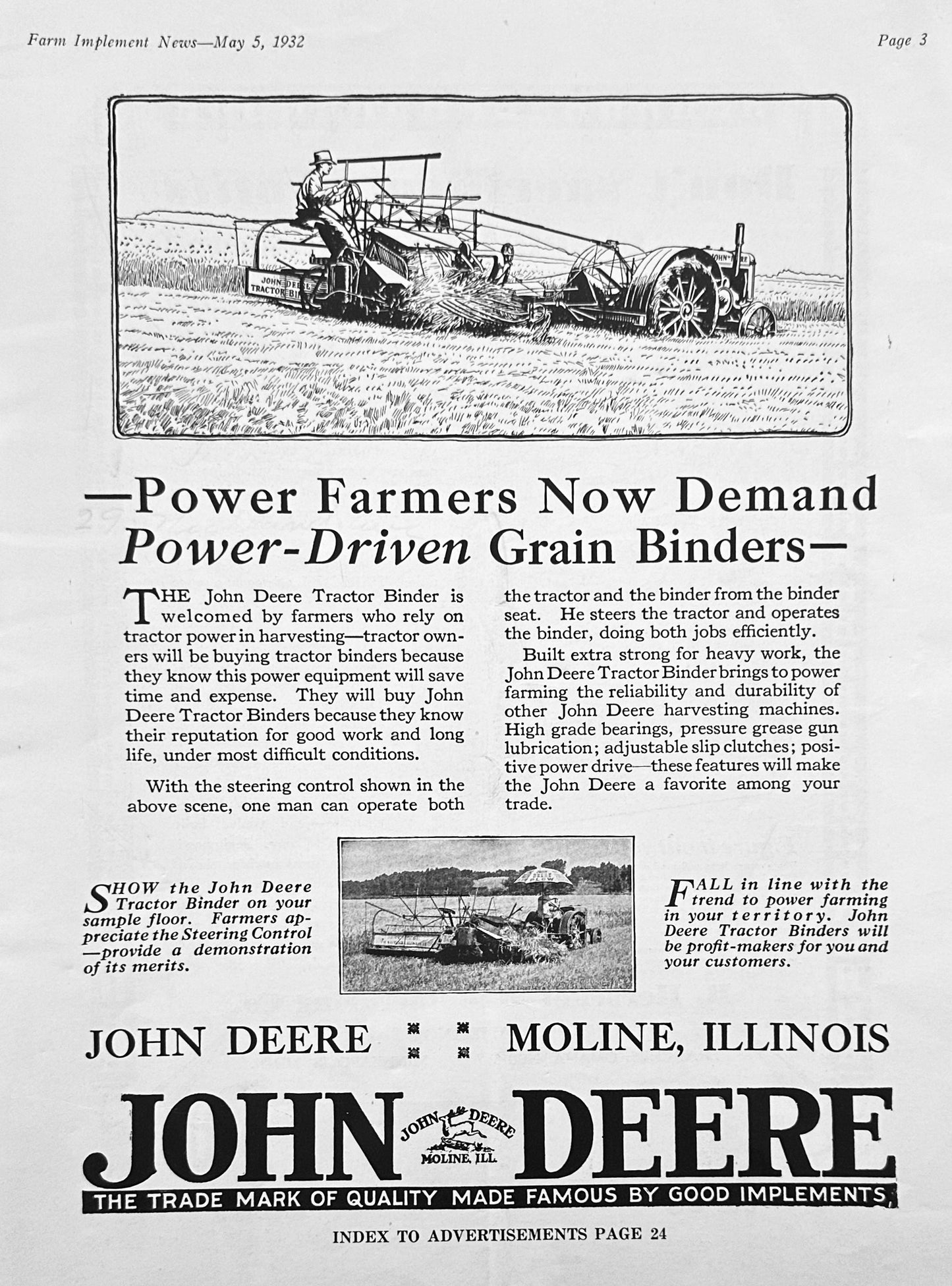1932 John Deere Power-Driven Grain Binders & Herschel Mowers Vintage Ad #1221