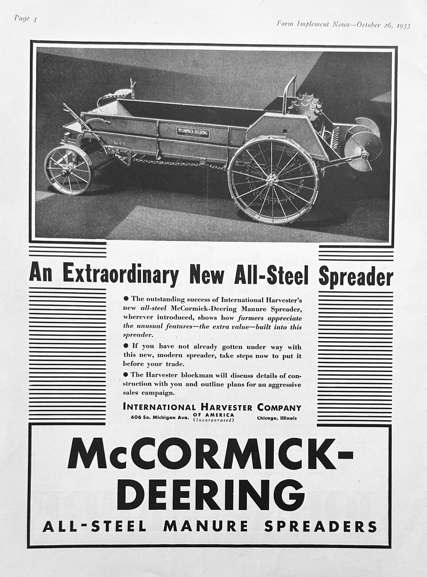 1933 John-Deere Horse-Drawn Spreader & McCormick All-Steel Spreader Ad #1225