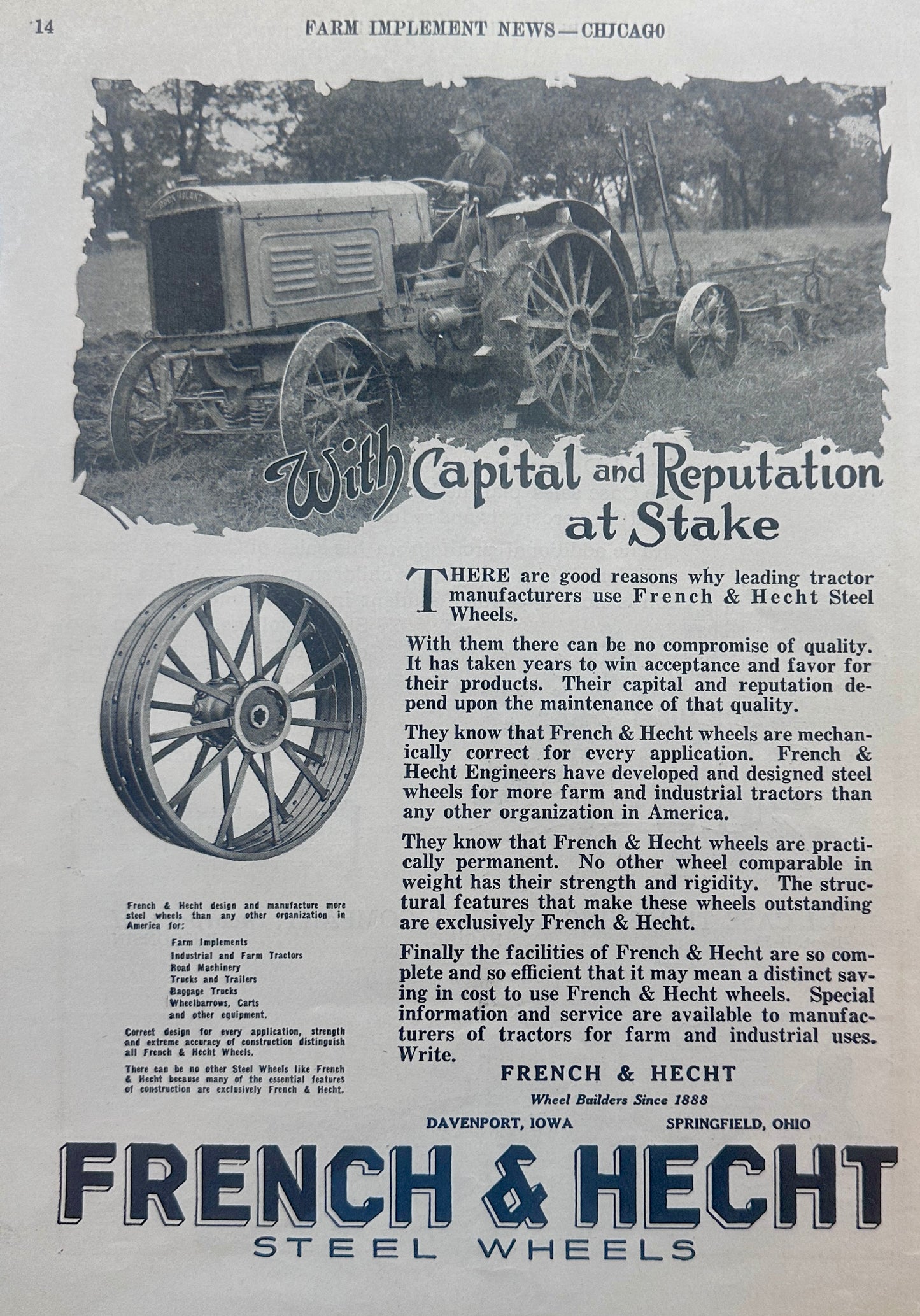 1928 J.I. Case & French & Hecht Steel Wheels (Rock Island) Vintage Ad #1268
