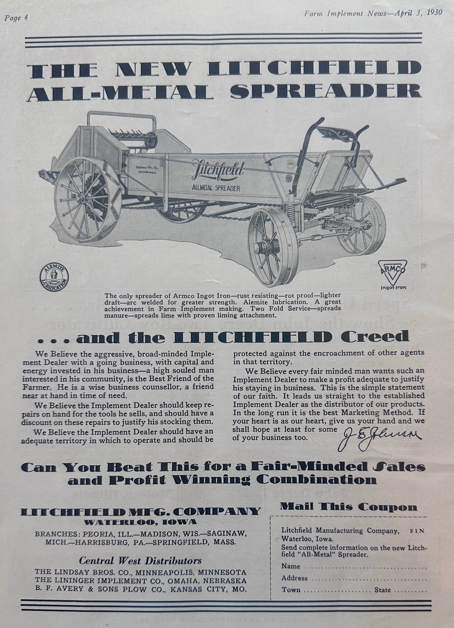 1930 Litchfield All-Metal Spreader & John Deere 2-Row Horse Drawn Cultivator Ad #1278