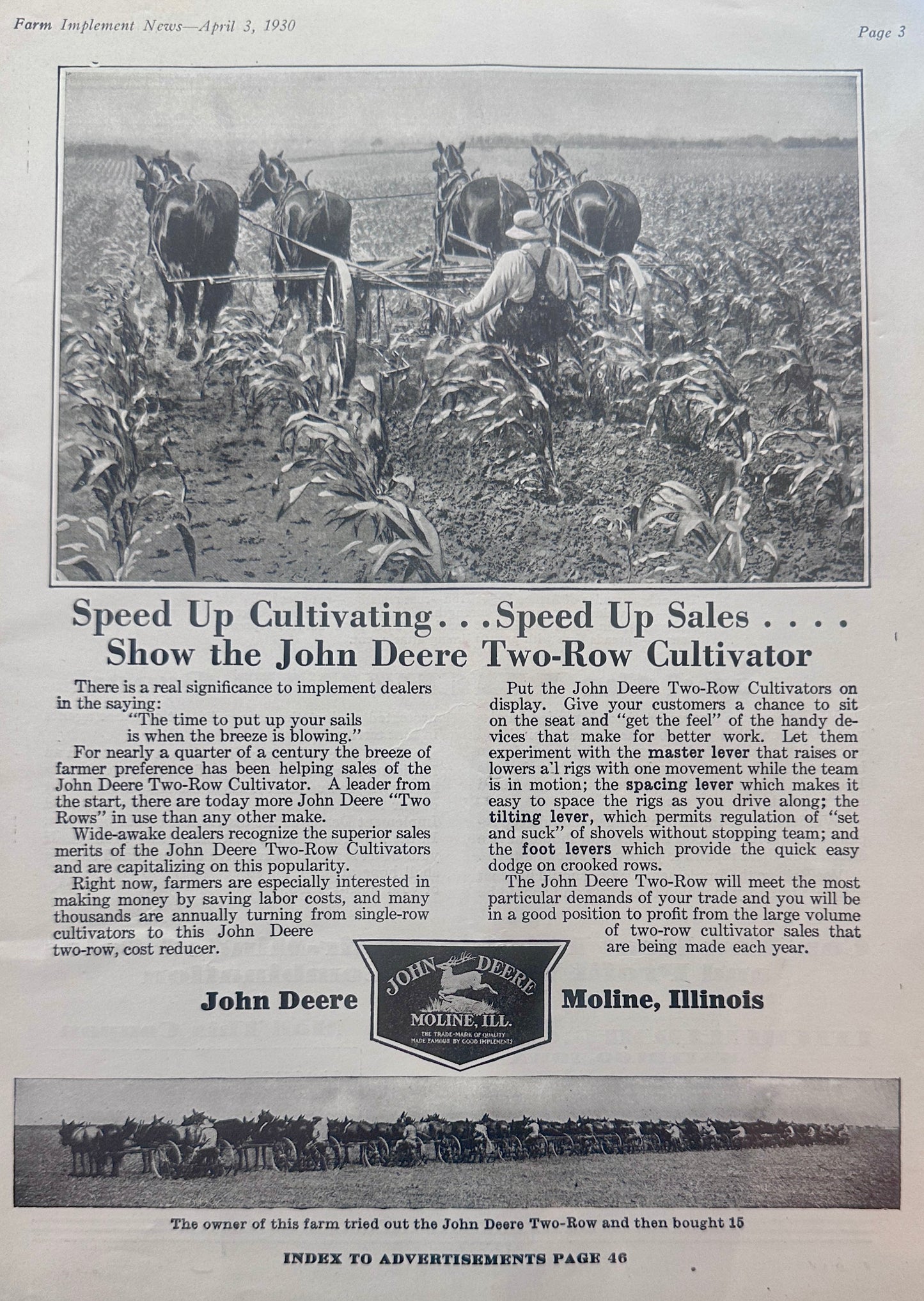 1930 Litchfield All-Metal Spreader & John Deere 2-Row Horse Drawn Cultivator Ad #1278