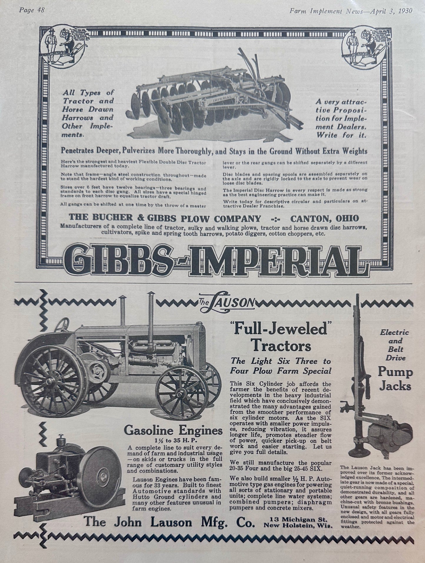1930 Lauson Full Jeweled Tractors Engines and Pump Jacks Ad #1280