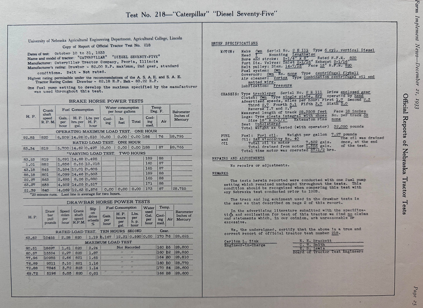 1933 Tractor Test Report #218 Caterpillar "Diesel Seventy-Five" #1394