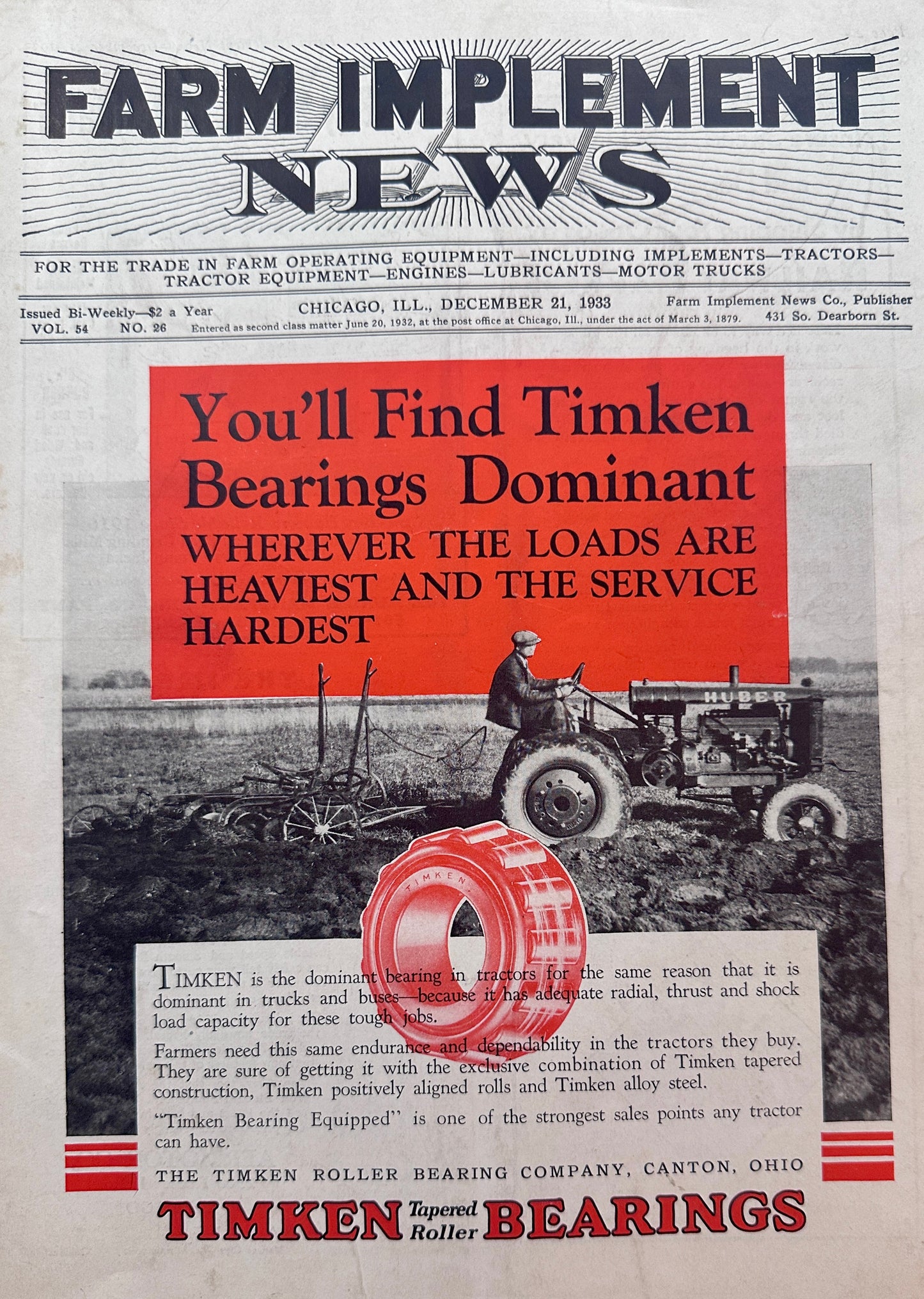 1933 Huber Tractors Equipped with Timken Tapered Roller Bearings #1396