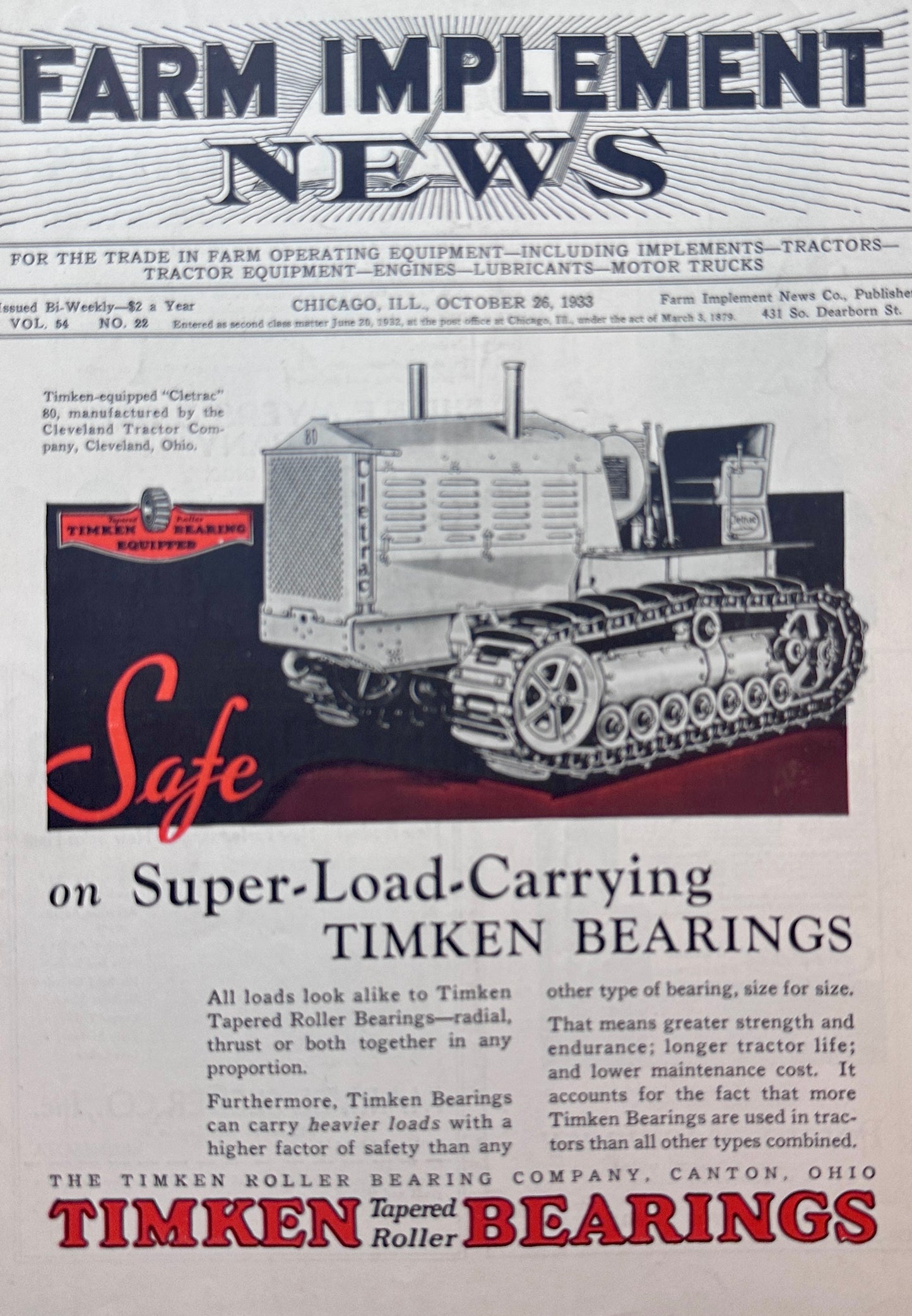 1933 CLETRAC 80 Equipped with Timken Tapered Roller Bearings Ad #1369