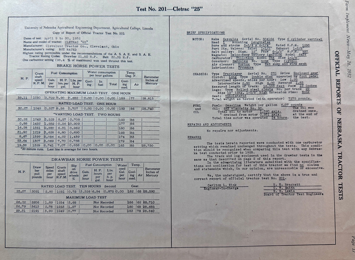 1932 University of Nebraska Tractor Test #201 Cletrac "25" Ad #1371